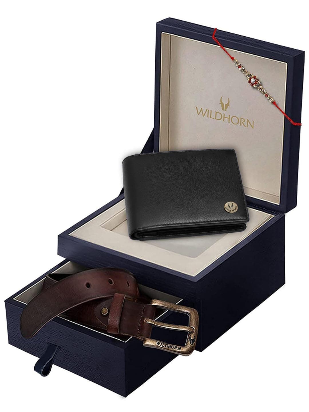 WildHorn Rakhi Gift Hamper for Brother - Classic Men's Combo/Gift Set of Leather Wallet, Keyring and Rakhi for Brother/Bhaiya. (BLACK1)