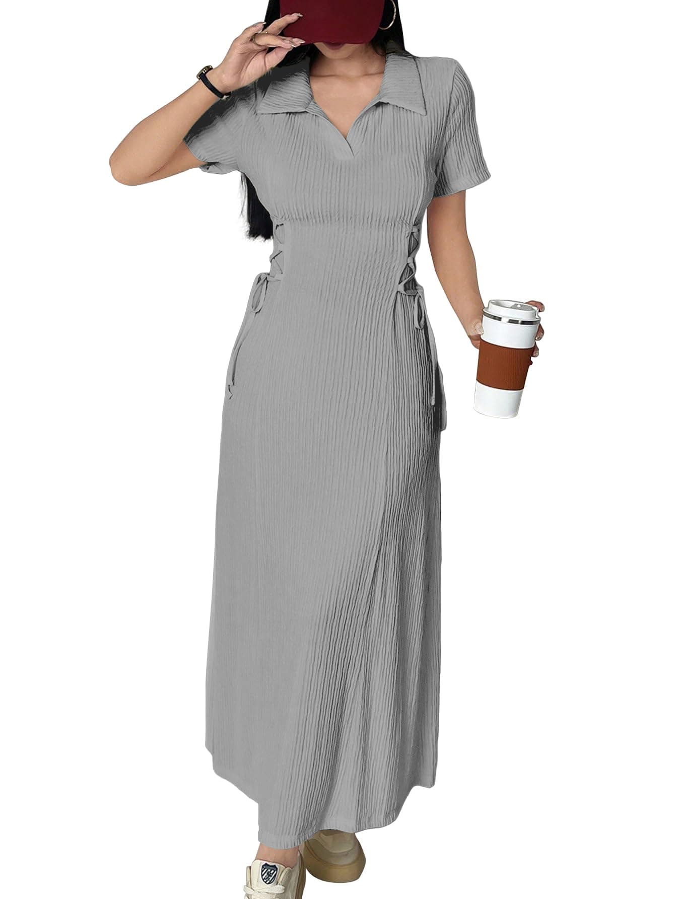 Shasmi Women’s Grey Solid Color Applique Lace-Up Collared Short Sleeve, Side-Tie Waist Long Casual Maxi Women Dress Outfit Long Evening Midi Western Party Dress for Women (Dress 211 Light Grey-M)