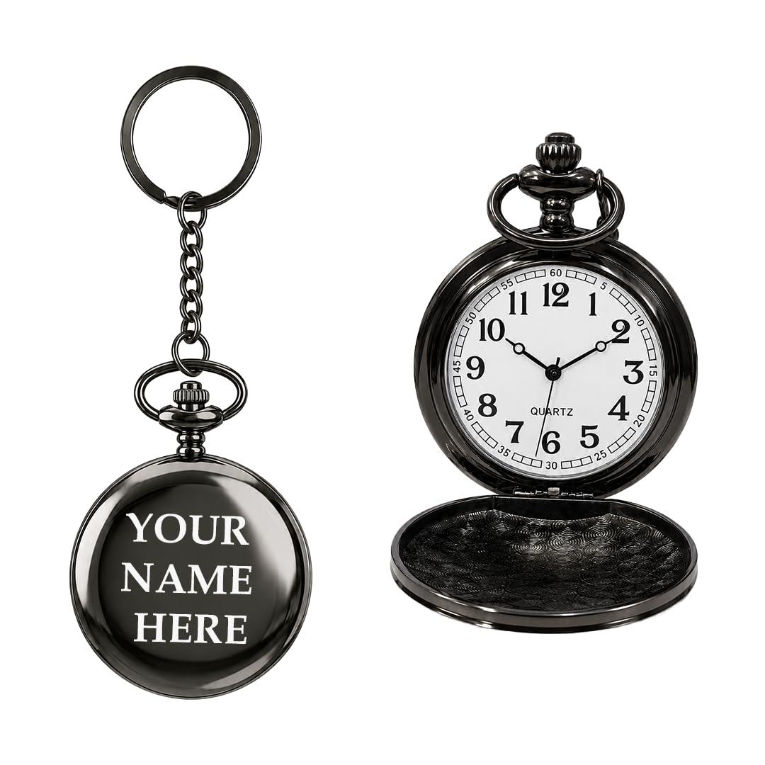 Nivaraprint Personalized Antique Analog Pocket Watch Keychain, Custom Engraved Vintage Style with Roman Numeral, Black Fob Watch for Men, Women, Groomsmen, Anniversary, Birthday Gift (Classic, Pack of 10)