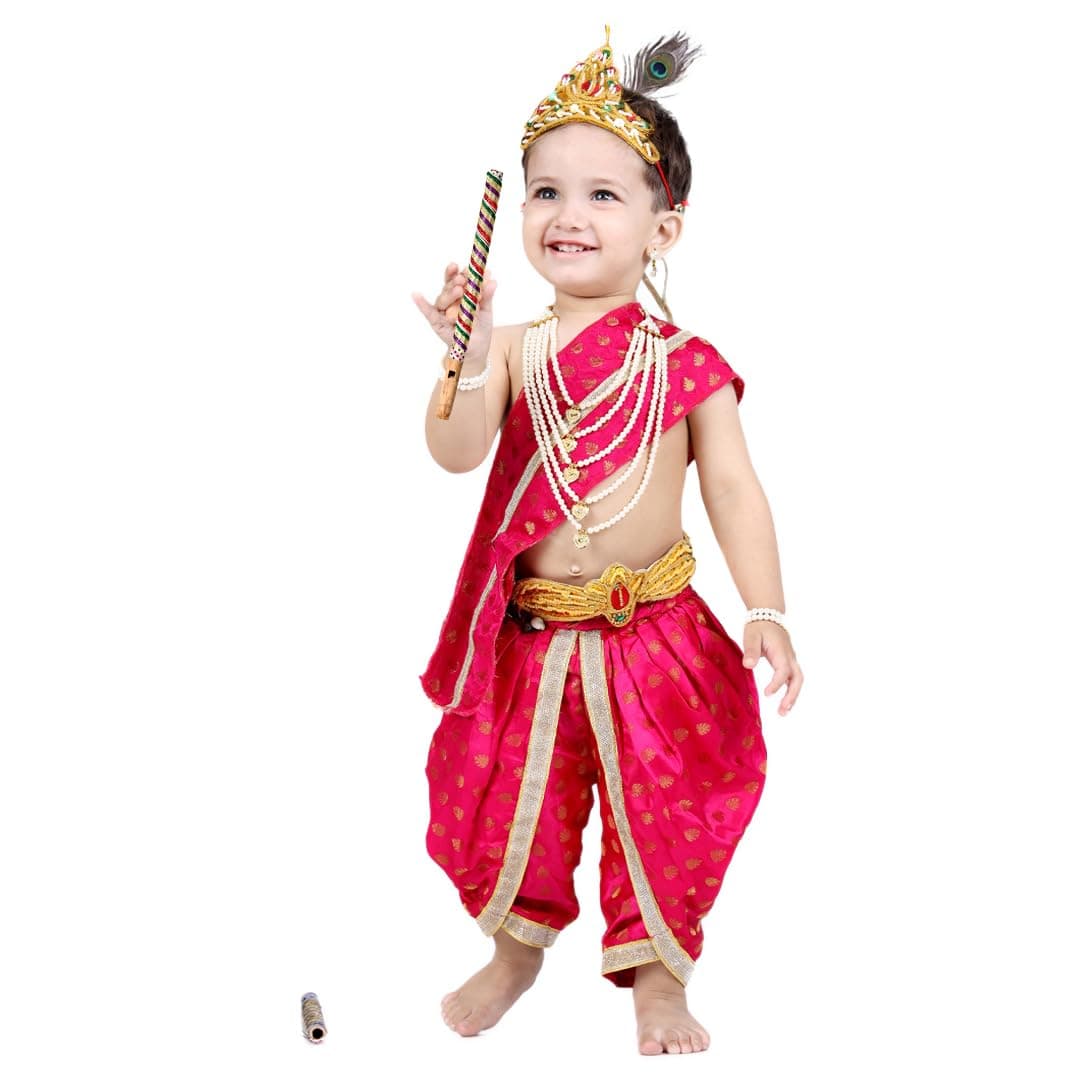 ITSMYCOSTUME Krishna Dress for Baby Boy & Kids. Complete set with Dhoti,Hip Cover,Patka and 7pcs Jewellery. Little Krishna Ji/Kanha/Janmasthmi Costume