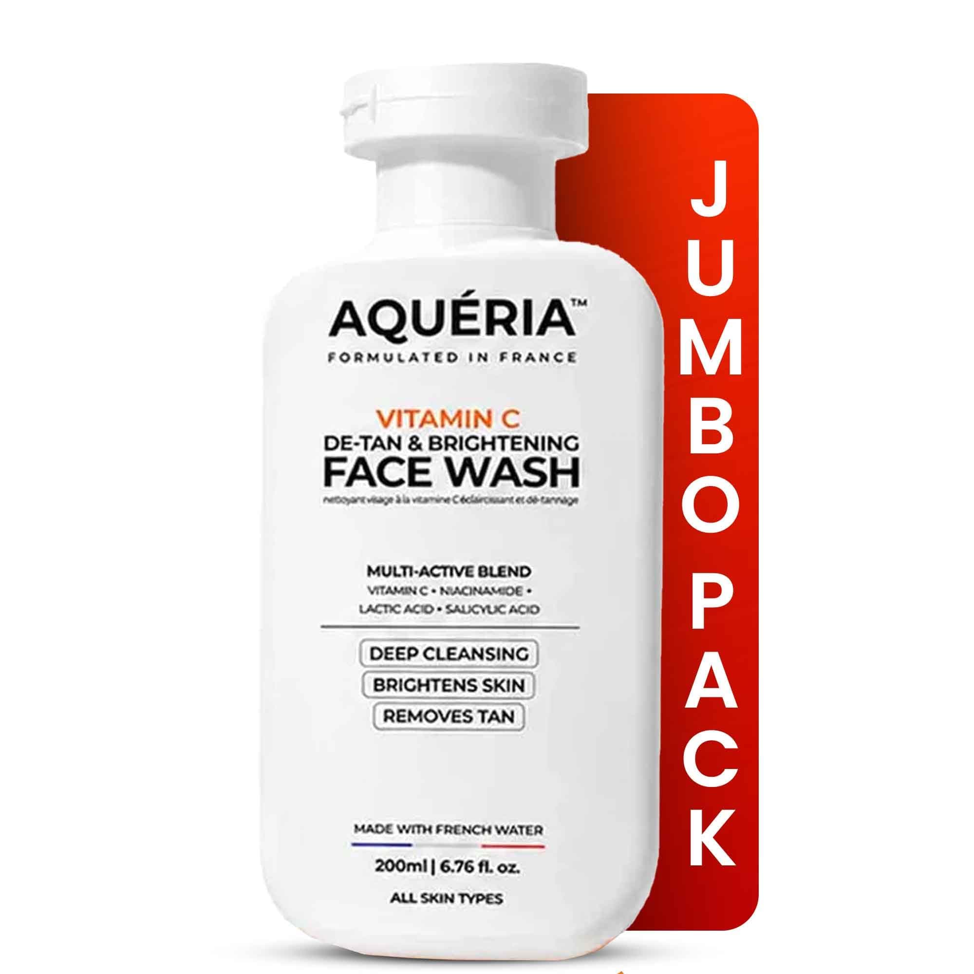 Aqueria Jumbo 200ml Face Wash For De-Tan & Brightening Vitamin C | With Lactic Acid & Niacinamide | Deep Cleansing Face Cleanser for Tan Removal, Pigmentation, Dark Spots, Dull & Uneven Skin Tone | Brightens Skin & Gently Exfoliates | Non-Drying Formula for All Skin Types | 3 Month Pack | Men & Women Gentle Cleanser