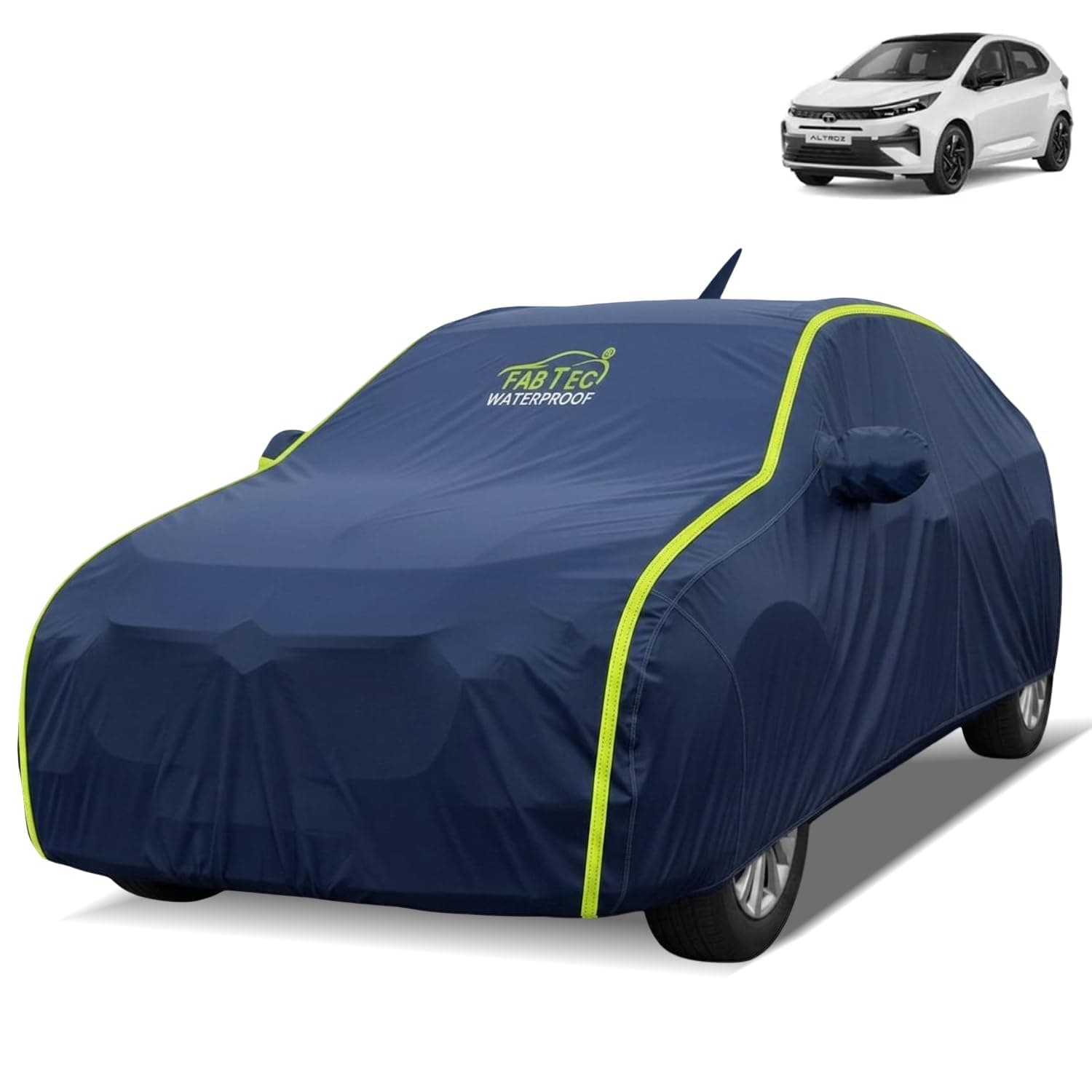FABTEC Waterproof Car Body Cover for Tata Altroz Outdoor/Indoor All Weather Protection with Mirror & Front Side Antenna Pocket Triple Stitched (Premium Navy Blue with Neon Piping)