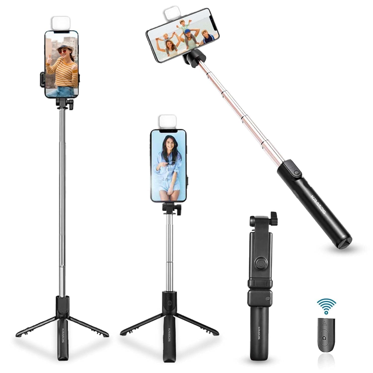 Kratos Selfie Stick Tripod Stand, 3 in 1 Multifunctional Design, Rechargable LED Light with Two Brighness Levels for Make up, Selfie & Photo Shoot, Selfie Stick with Bluetooth Remote (70cm with light)