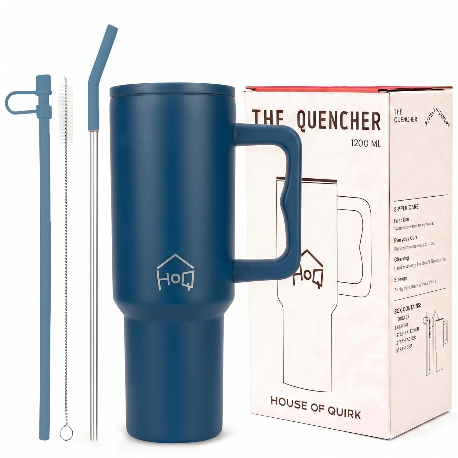 House of Quirk 1200ML Stainless Steel Tumbler with Handle & Lid, 2 Straws – Large Travel Mug Water Cup for Gym, Office & Outdoor Use (Teal Blue)