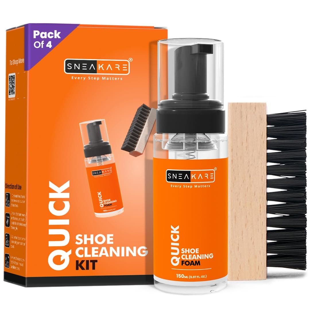 SNEAKARE Quick Shoe Cleaning Kit (Pack of 4) | Contains 4 x 150ml Foam Shoe Cleaner & 4 Medium Shoes Brush | Sneaker Cleaning Kit | Suitable for Sneakers, Nubuck, Leather, Suede & Sport Shoes