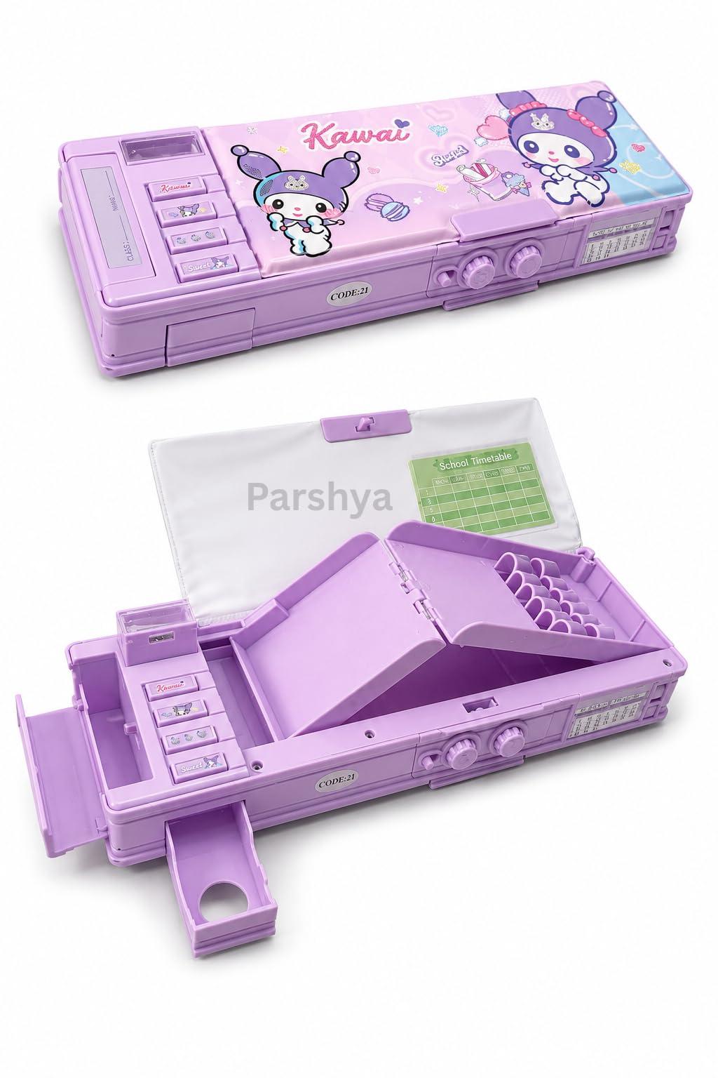 Parshya Purple Multifunction Pencil Box for Girls with 2-Digit Password Lock, Built-in Sharpener & Calendar, Dual Sided Magnetic Geometry Compass Box with Pop-up Buttons, School Gift