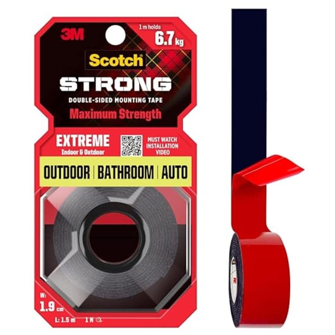 3M Scotch Extreme Double Sided Tape, 1M Holds 6.7Kg, Works On Uneven Surfaces, Weather Resistant, Works On Indoor, Outdoor, Auto Interior Surfaces, (L: 1.5m, W: 19mm), Black