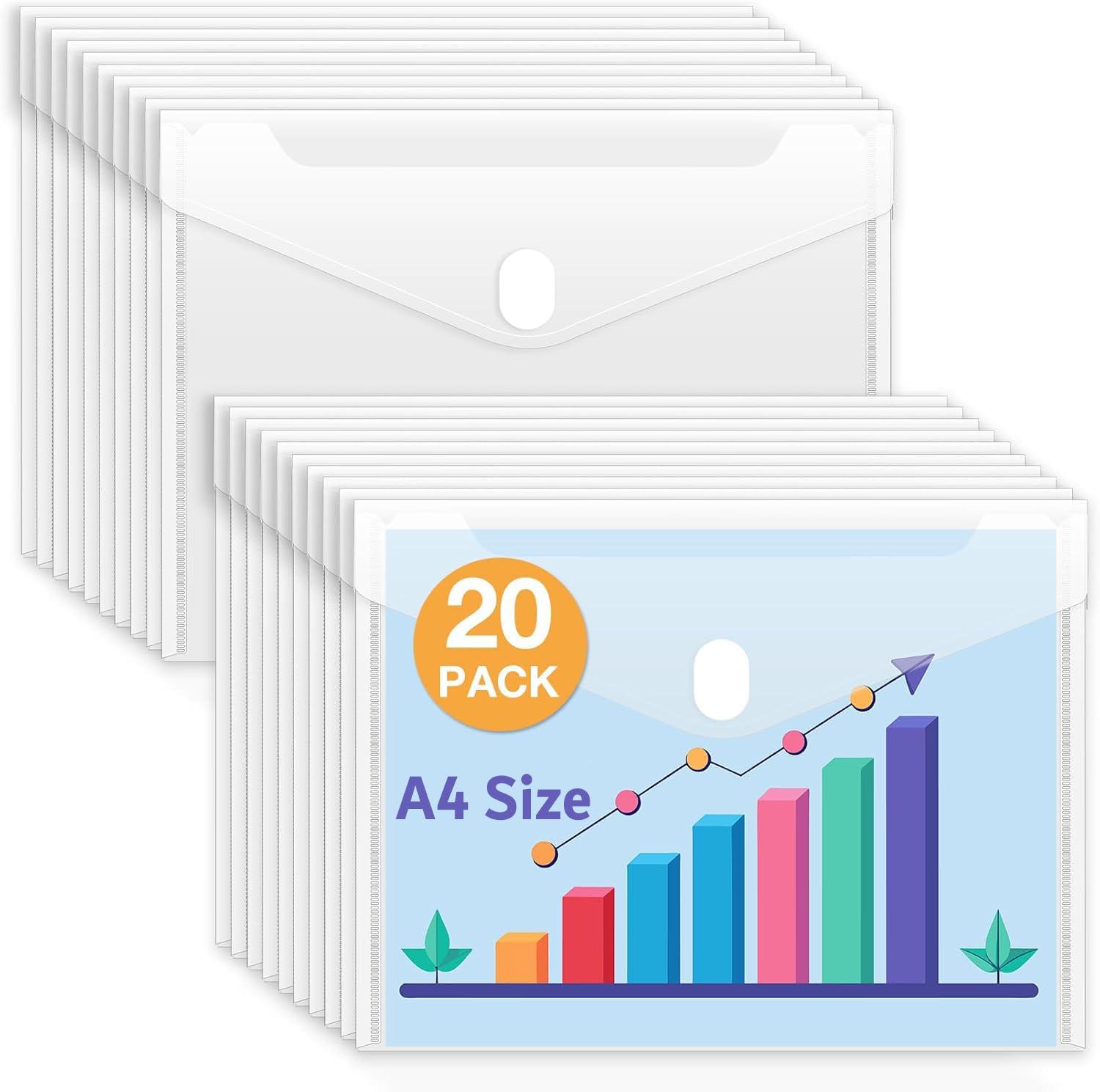 CAMPIO A4 Legal Side Opening Document File Bag,Transparent Envelope Holder Storage Case, Snap Button Organizer, My Clear Plastic Container White - Multipurpose (Pack of 20)