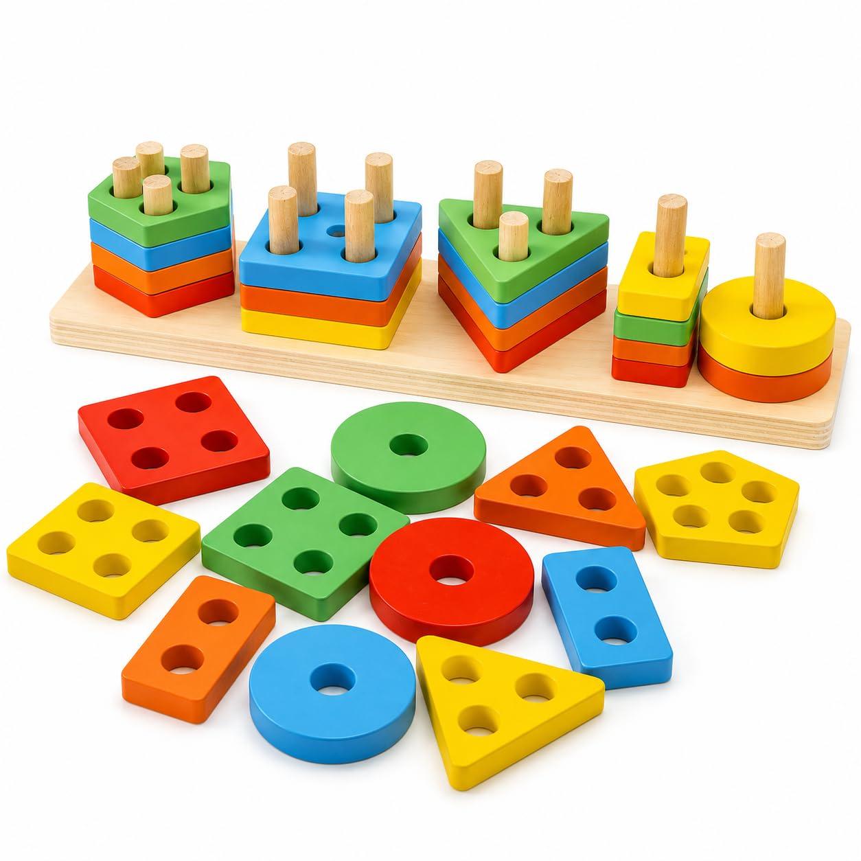 Toyshine Kids Wooden Angle Geometric Blocks Stacker Shape Sorter Column Puzzle Stacking Set - 5 Columns