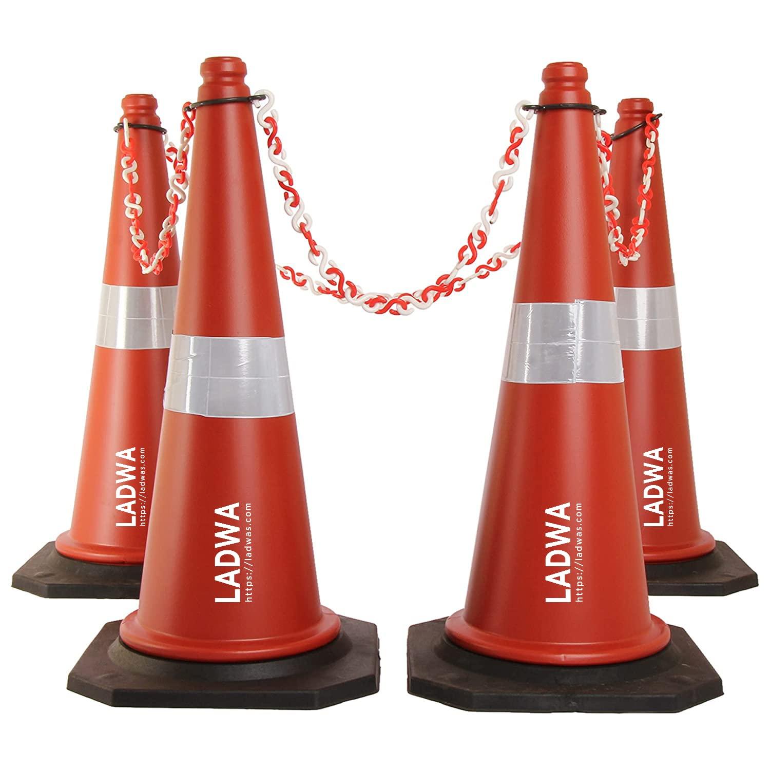 LADWA Road Traffic Cones – 750mm Height Cones with Reflective Strips, 4m Chain & 4 Hooks for Secure Barriers – Ideal for Road Safety, Construction Zones, and Parking Areas (Pack of 4)