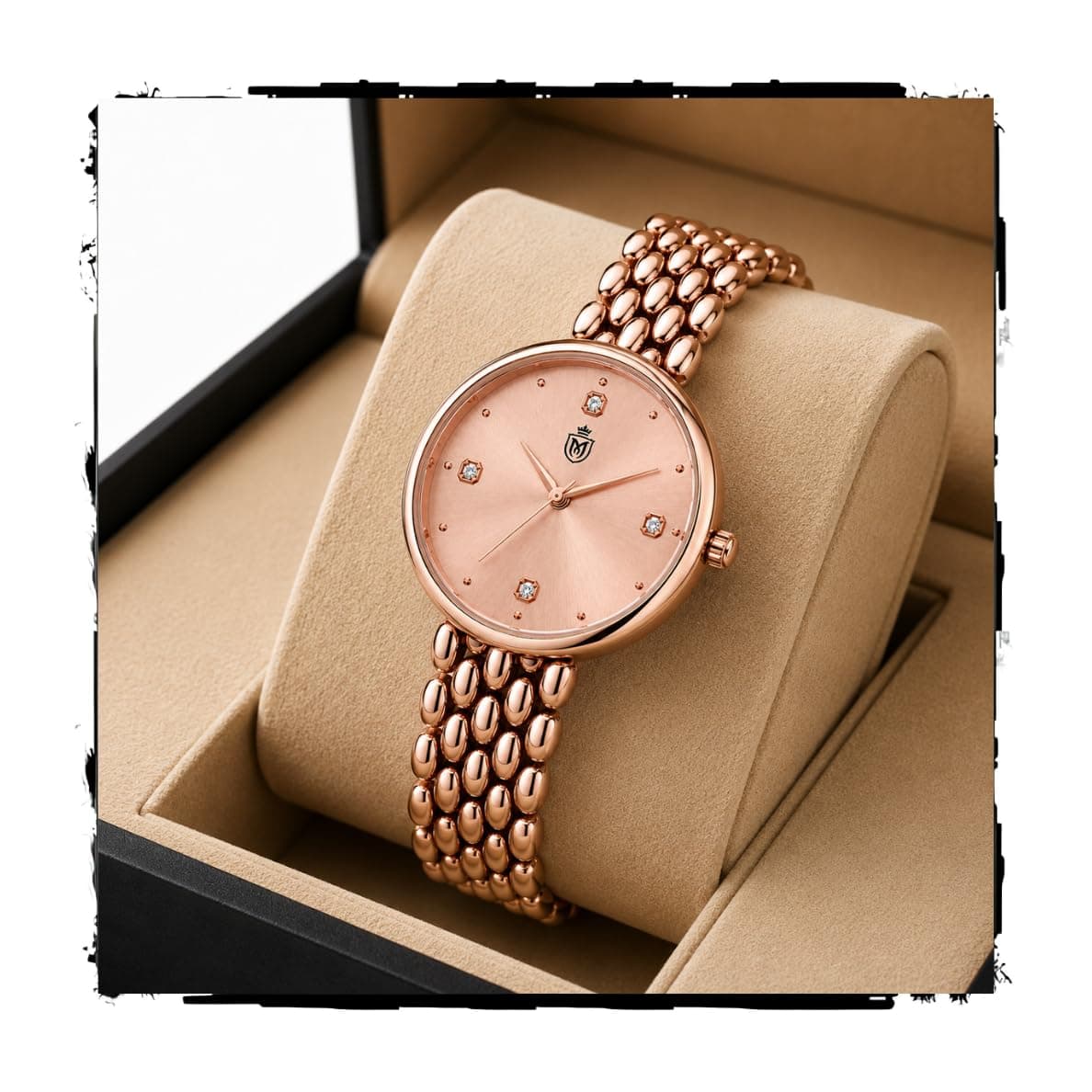 MOOVER Analog Watch for Women & Girls | Luxury Bracelet Style Ladies Wrist Watch | Crystal Dial with Premium Stainless Steel Chain Strap | Fashion Watch for Daily Wear, Party & Gift (Rose Gold)