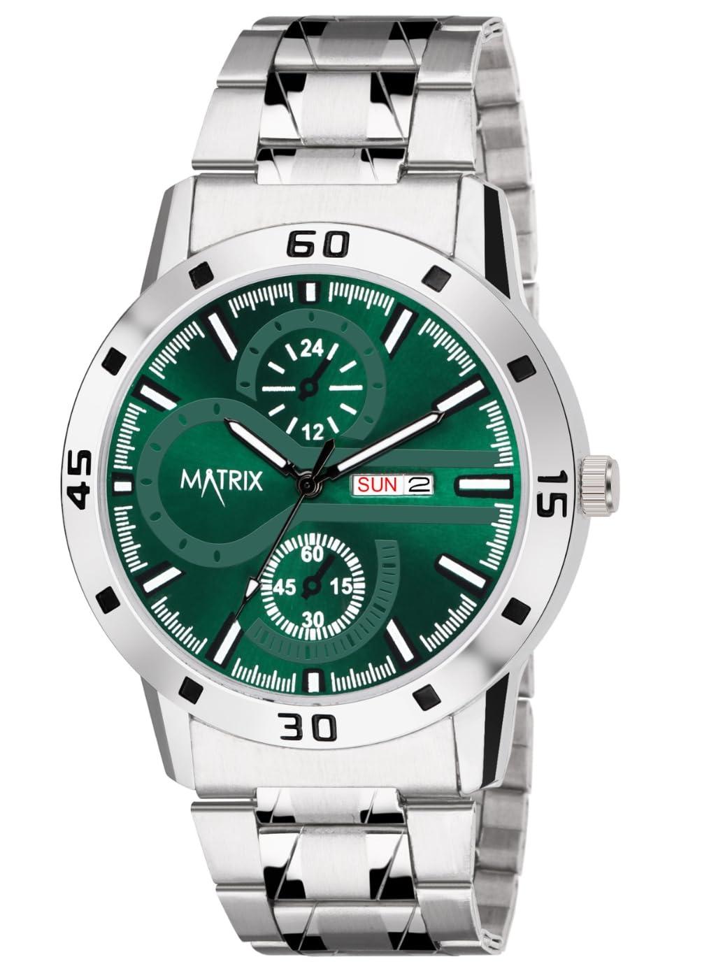Matrix Superior Analog Watch for Men | Black , Blue , Green & White Dial Stainless Steel Chain Strap Watch | Day & Date Display | Quartz Movement | Stylish Casual & Formal Wrist Watch for Boys & Men (Green)