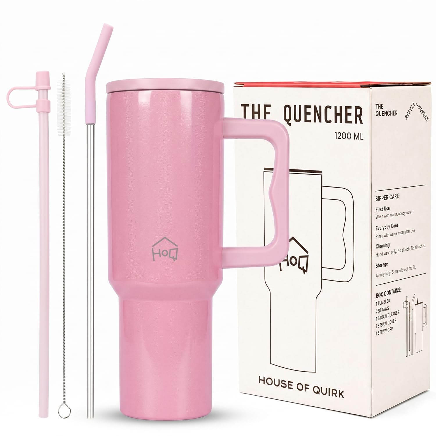 House of Quirk 1200ML Stainless Steel Tumbler with Handle & Lid, 2 Straws – Large Travel Mug Water Cup for Gym, Office & Outdoor Use (Shiny Baby Pink)