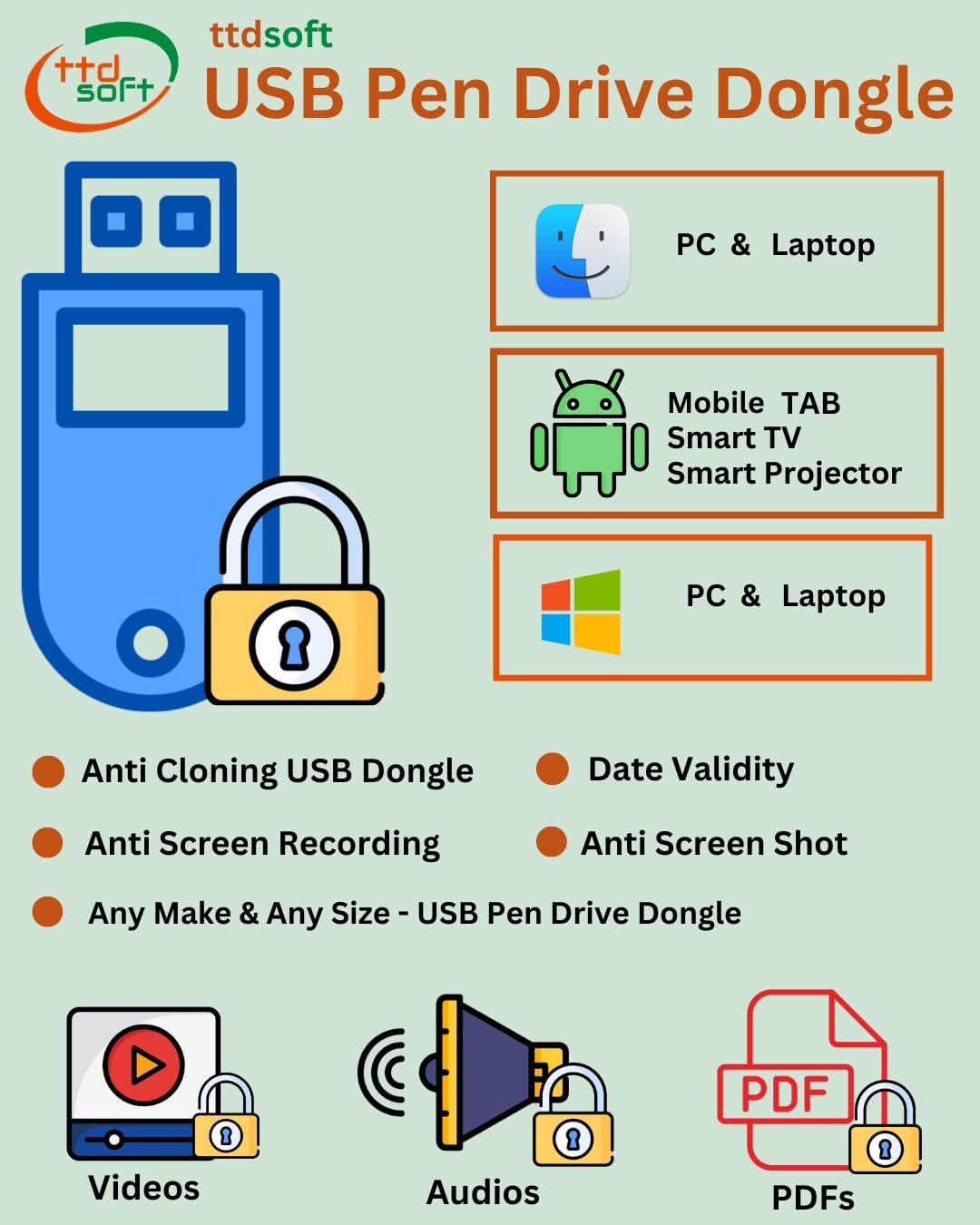 Pen Drive Dongle [ USB Drive dongle ] for Android, Mac, Windows -ttdsoft | for Video & pdf | License for 10 [Ten ] nos usb pen drives (Via Email Delivery Only - in 5 working hours, No- CD)