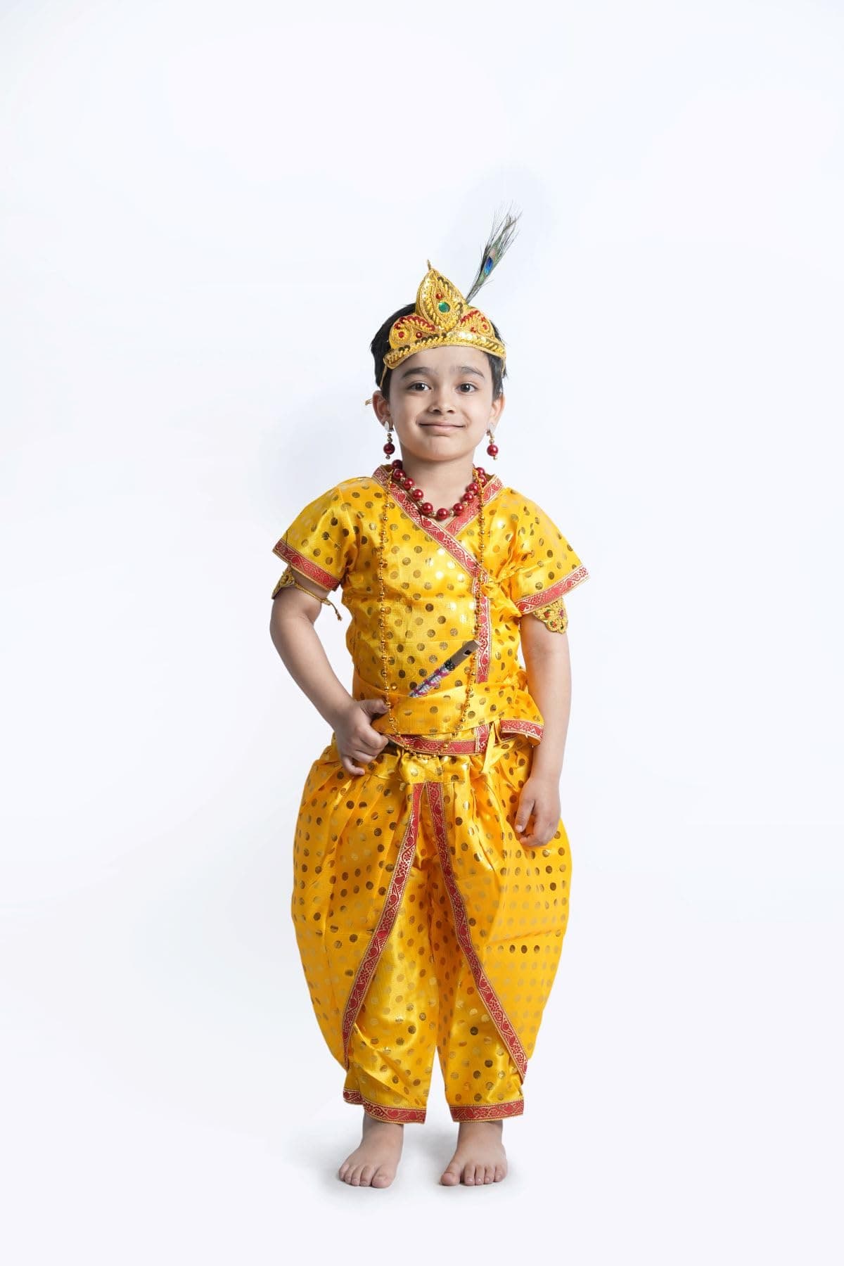 BookMyCostume Shri Krishna Kanha Kanhaiya Polka Dots Kids Fancy Dress Costume 10 Pcs Set with Accessories 8-10 years
