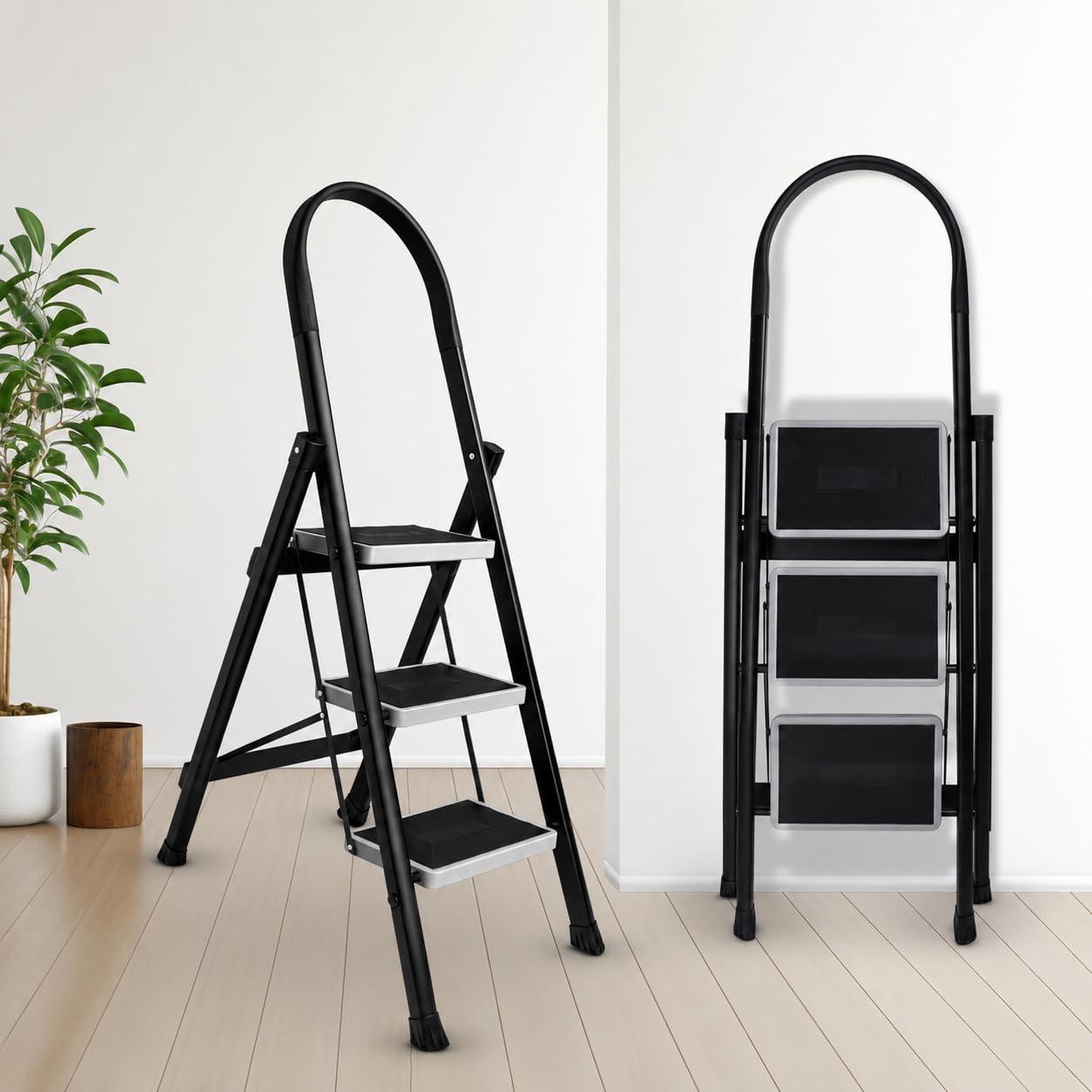 TEKCOOL 3 Step Ladder for Home Use with Built-in Tool Tray | Heavy Duty D Shape Rods | 20 x 30 cm Large Platform | Wide Rubber Feet | Secure Lock | 150Kg Capacity Foldable Ladder