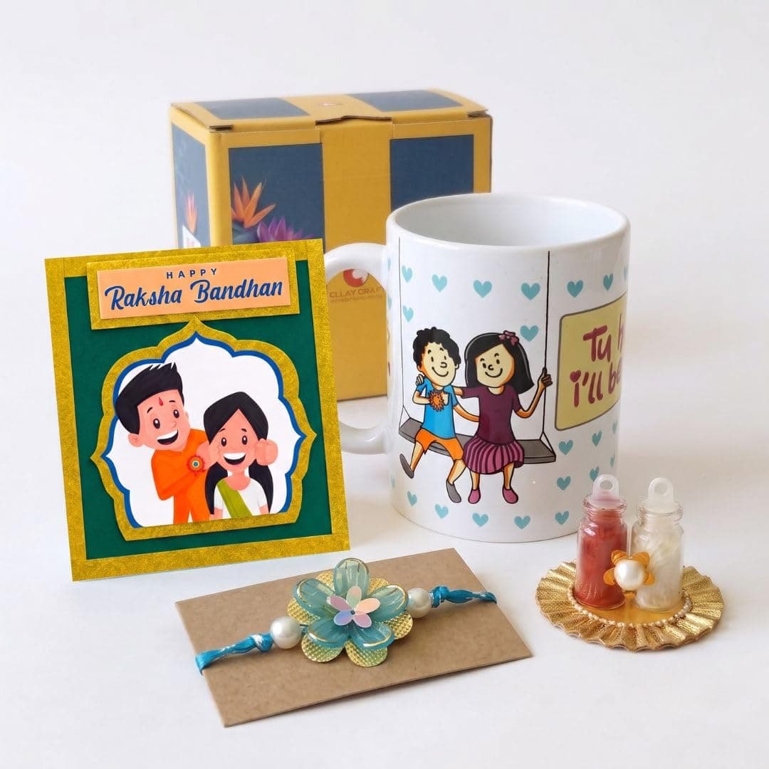 Clay Craft "Tu Hai to I'll Be Alright Printed Raksha bandhan Mug & Rakhi Gift Set Combo for Brother/Sister - (1 pc Mug + 1 Designer Hand-Made Rakhi + 1 Greeting Card + Cute Roli Chawal Bottles)