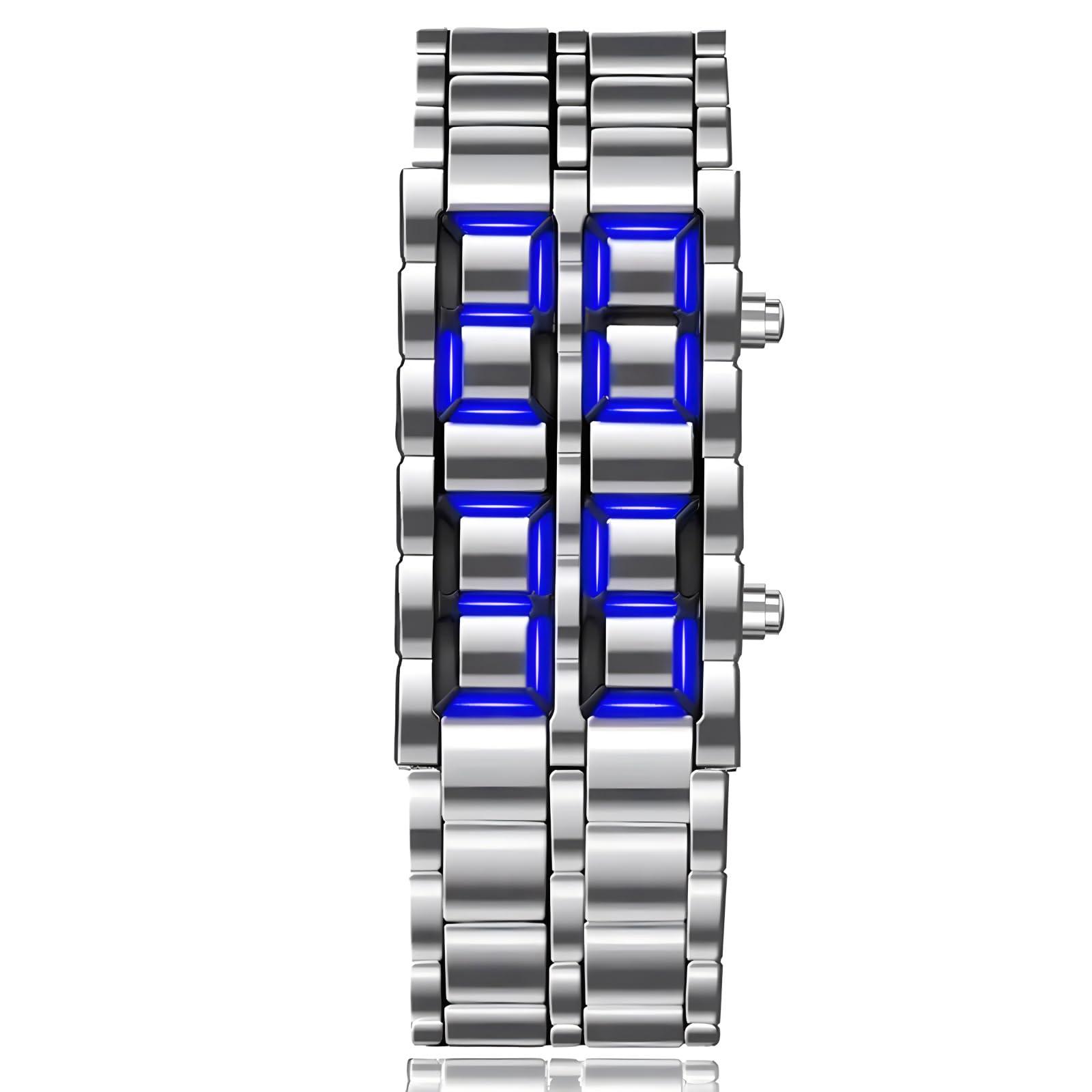 MASTOP Fashion Full Metal Digital Lava Wrist Watch Men LED Display Watches Gifts for Male Famale Sport Creative Watch, Silver Blue, Modern