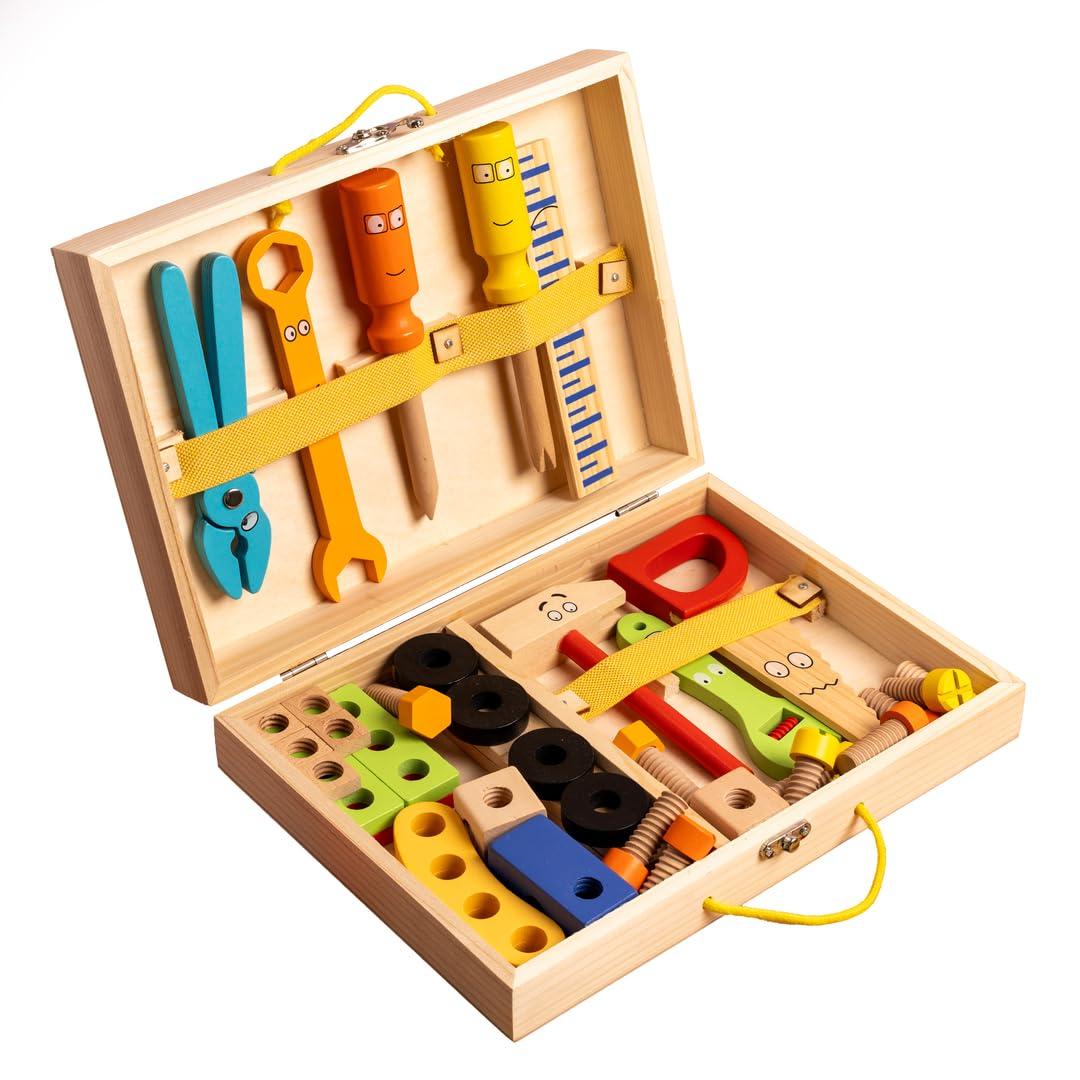 NESTA TOYS Construction Playset | Wooden Tool Kit with Box (40 Pcs) | Hammer Saw Wrench Screwdriver | Educational Building Toy | Solid Wood Non-Toxic | Gift Age 3+