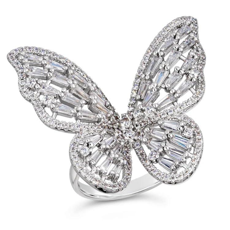 Fashion Frill Women's Jewellery Butterfly Ring - Stainless Steel Silver AD Studded Adjustable Ring for Girls - Romantic Gift for Wife Girlfriend Promise