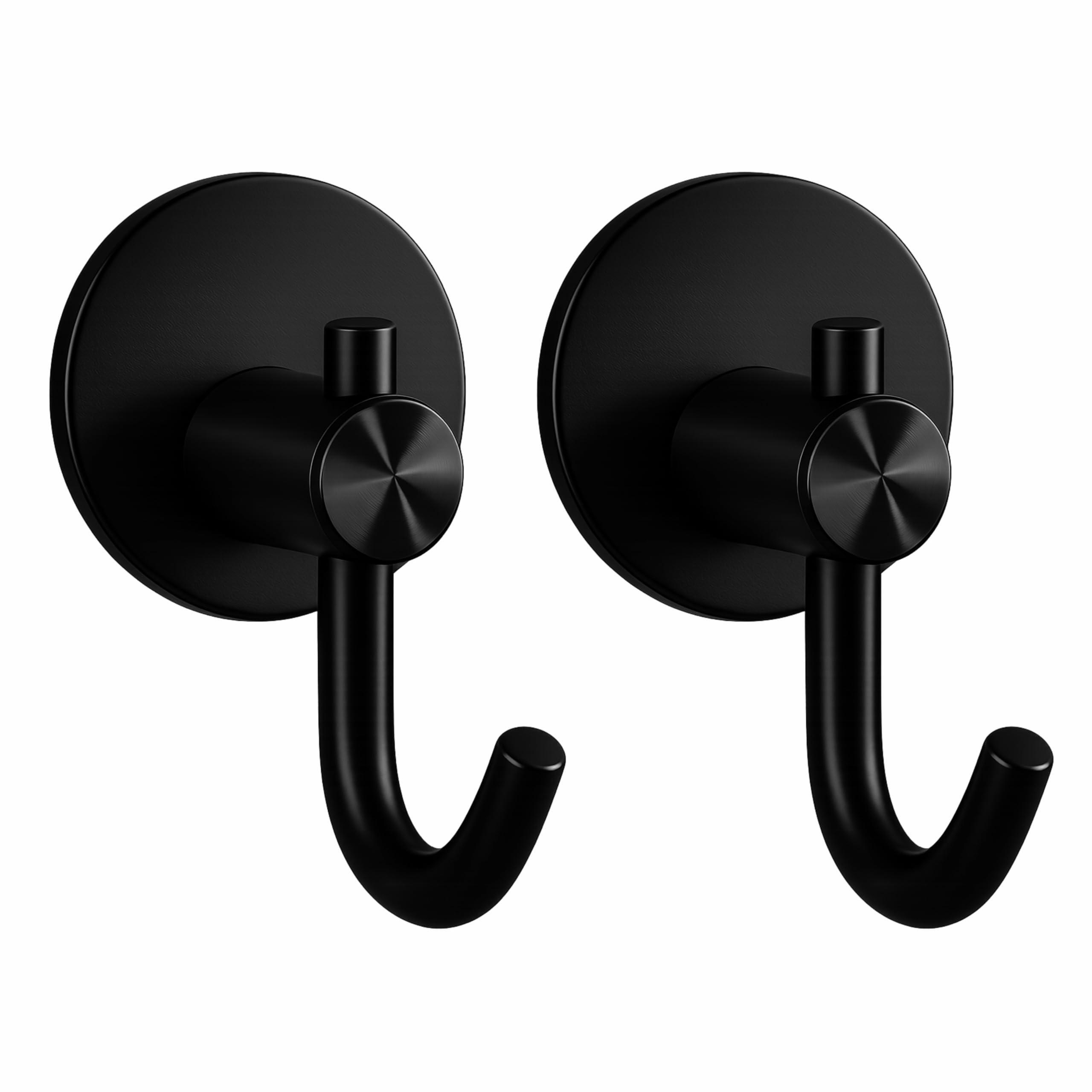 JIALTO 2 Pcs Self-Adhesive Stainless Steel Hooks Heavy-Duty Wall Hanging for Bathroom & Kitchen, Drill-Free, Strong Coat/Towel Wall Hooks (Big Round Black Hook)