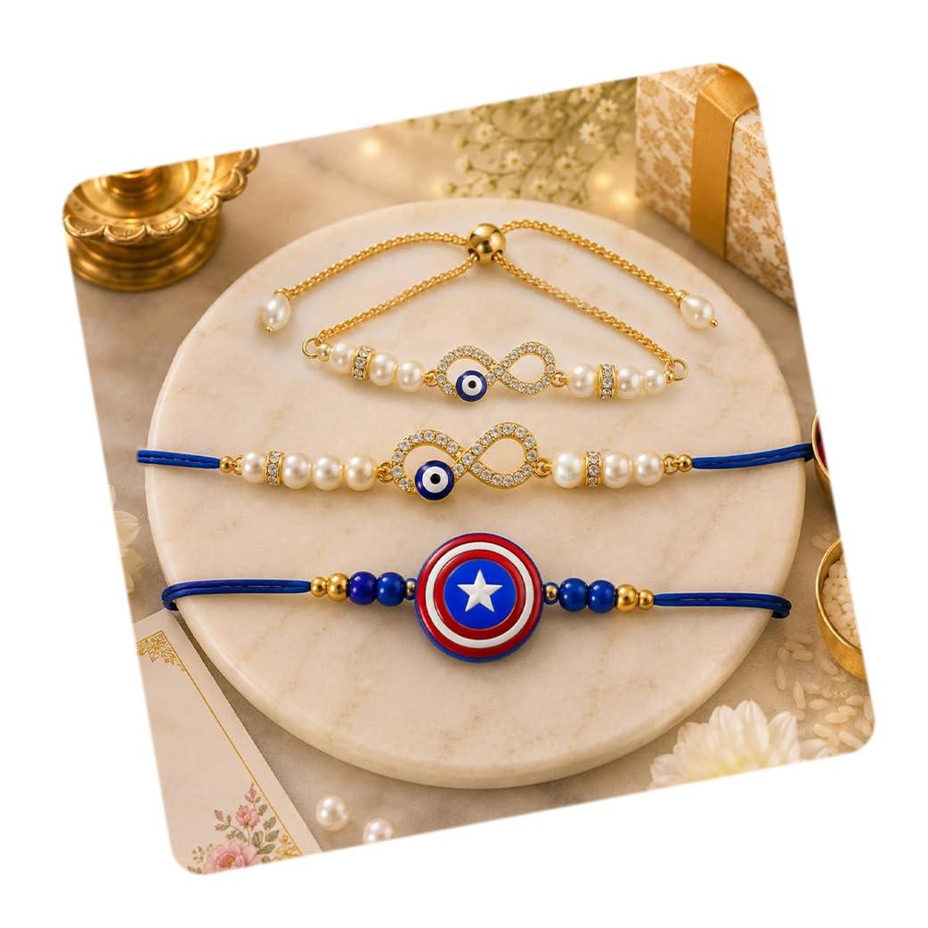 CraftVatika Evil Eye Rakhi Set for Brother and Bhabhi Kids, Bracelet Lumba Rakhi for Bhabhi, Rakhis for Kids Boy Girl, Blue Evil Eye Designer Thread for Man Women Child, Best Wishes Card Tillak Set