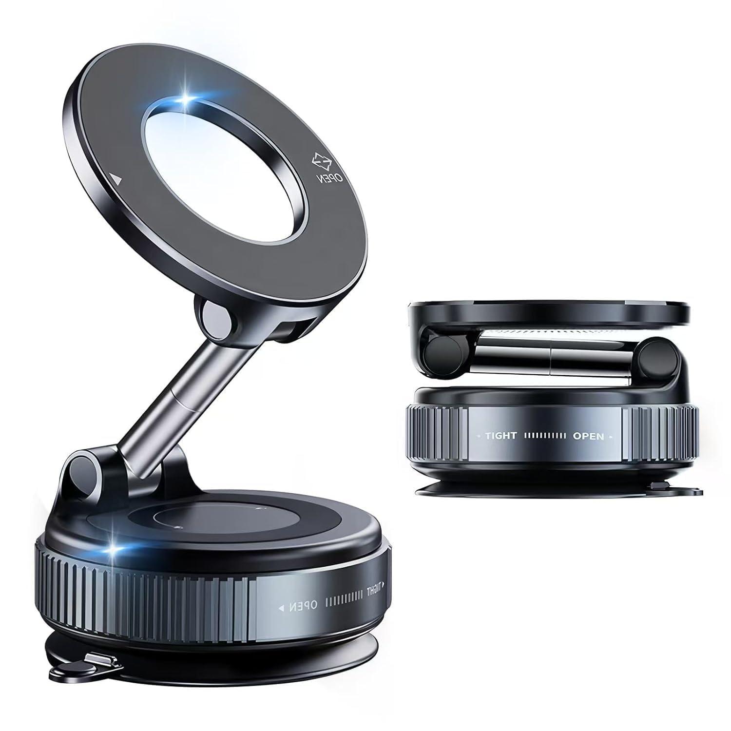 OQTIQ SUCGLES Vacuum Magnetic Phone Holder for Car, 360° Adjustable Foldable Mobile Holder with Ultra Strong Suction & Powerful Magnetic Grip, Dashboard, Windshield & Desk Mount for All Smartphones