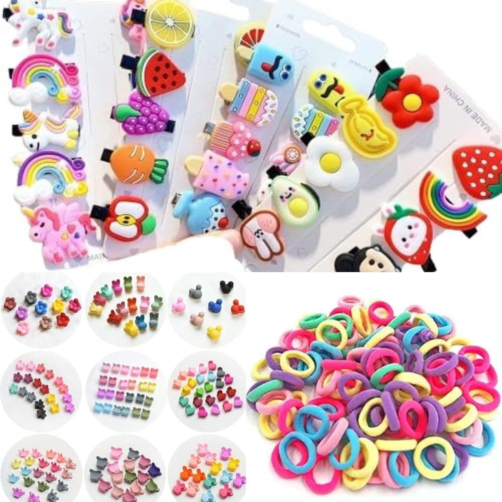 129Pcs combo Baby Hair Accessories 20pcs Mini Hair Clip 10 pcs Cute Fruit Cartoon Animal 100pcs Baby Hair Ties for Girls and Kids Hair Pin for Kids & Small Girls (Random Designs)