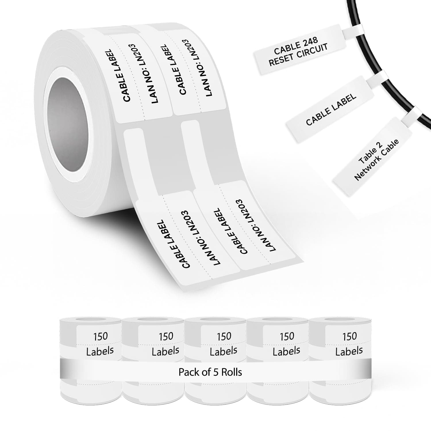 Seznik Cable Tag Thermal Labels – Waterproof, Non-Tearable, Oil & Scratch Resistant, White, 150 Labels/Roll, Pack of 5 Rolls – Wire & Electrical Labeling Stickers, 750 Labels
