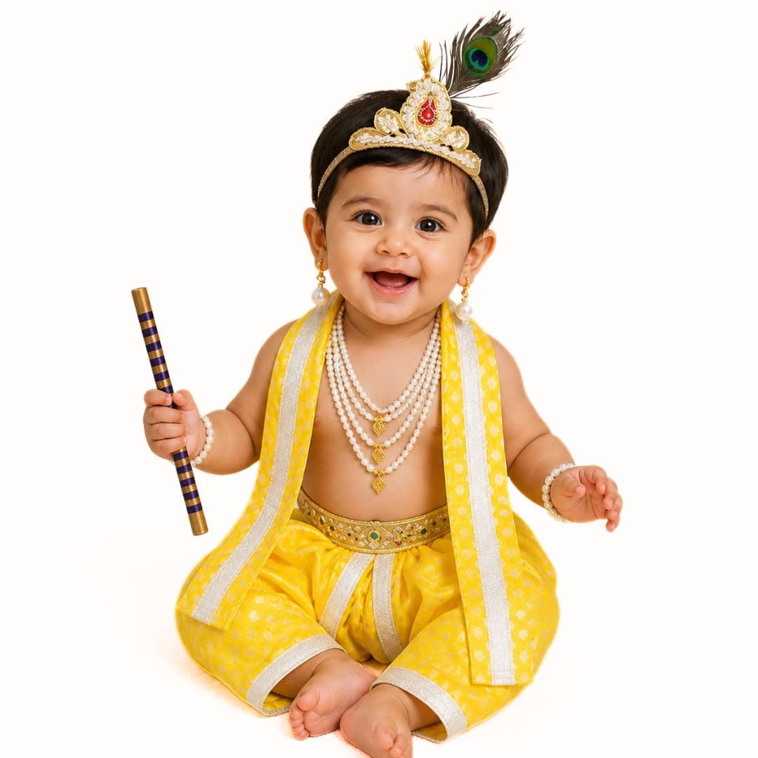 ITSMYCOSTUME Little Krishna Dress for Boys & Girls | Krishna Costume Set with Dhoti, Patka, 5 Layer Moti Mala, Mukut, Morpankh & Accessories | Janmashtami Fancy Dress for Kids - Yellow