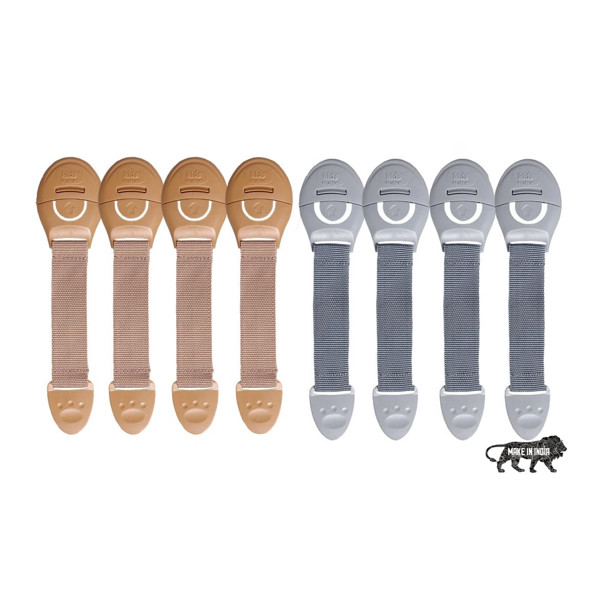 Kids Station Furniture Safety Locks for Kids, Pack of 4 Grey + 4 Beige, Made in India Child Safety, Locks for Drawers, Cabinets, Fridge, Cupboard Lock, Strong and Adhesive Safety Locks