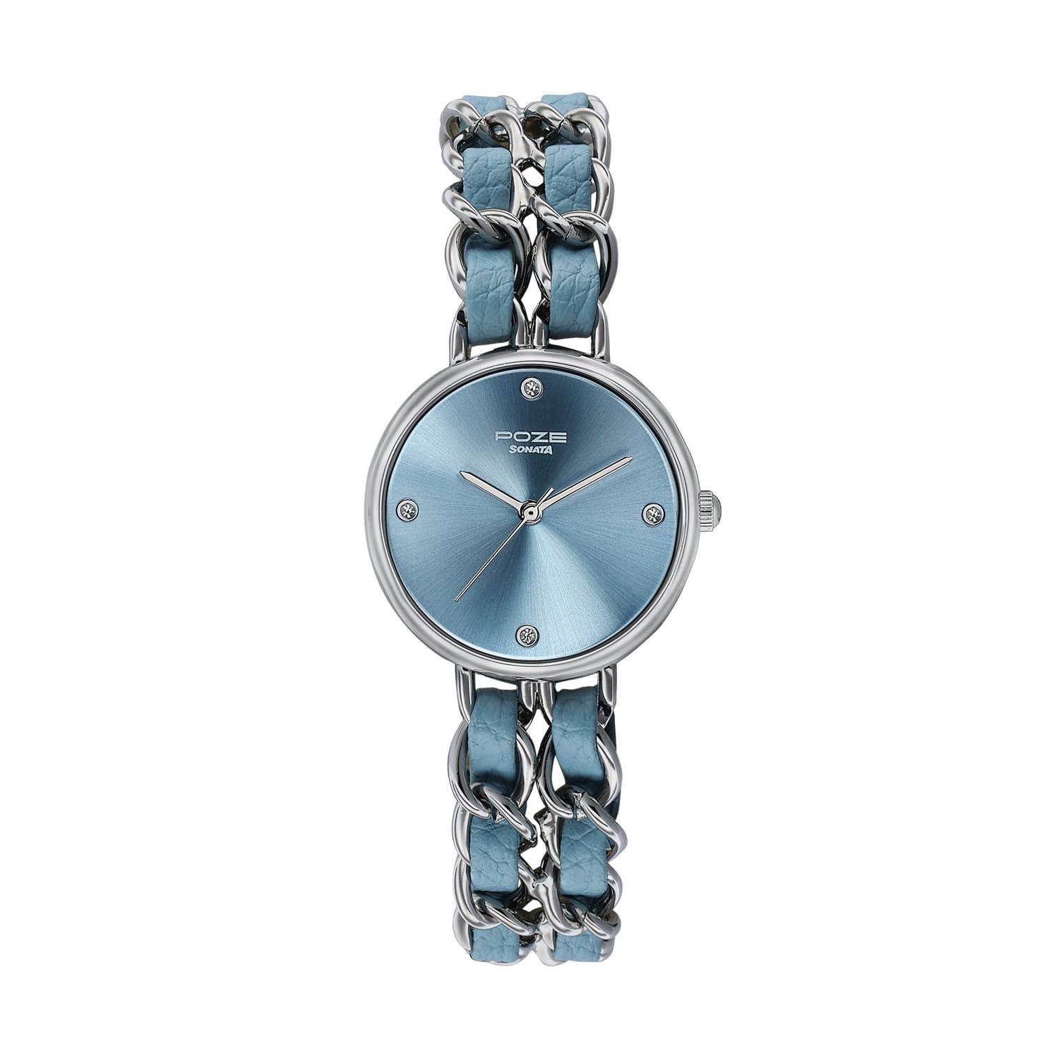 Sonata Poze 9 with Quartz Analog Blue Dial IPS+Blue Metal+ Leather Strap Watch for Women - SP80192KD01W