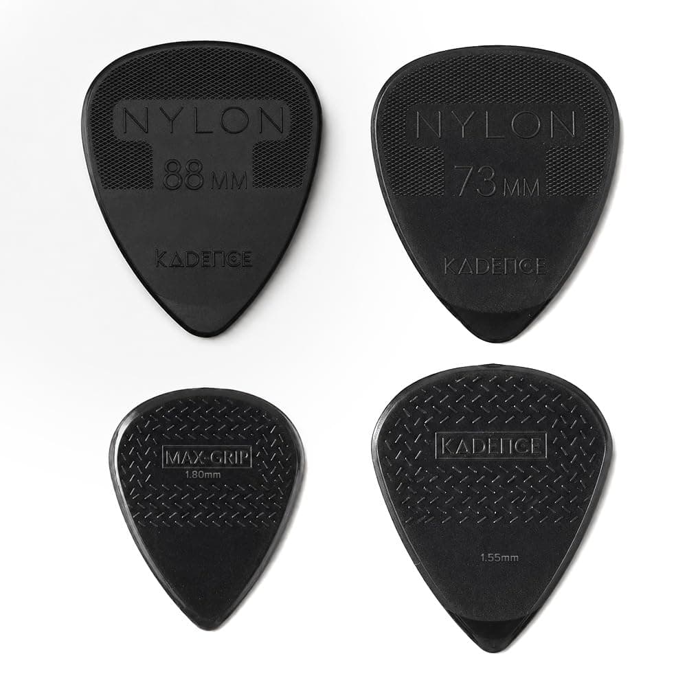 Kadence NG4 Jamming Series Nylon Guitar Picks (Pack of 4) | 0.73, 0.88, 1.55 & 1.80mm Plectrums | Anti-Slip Grip for Precision Control | For Acoustic, Electric & Bass Guitars | Black
