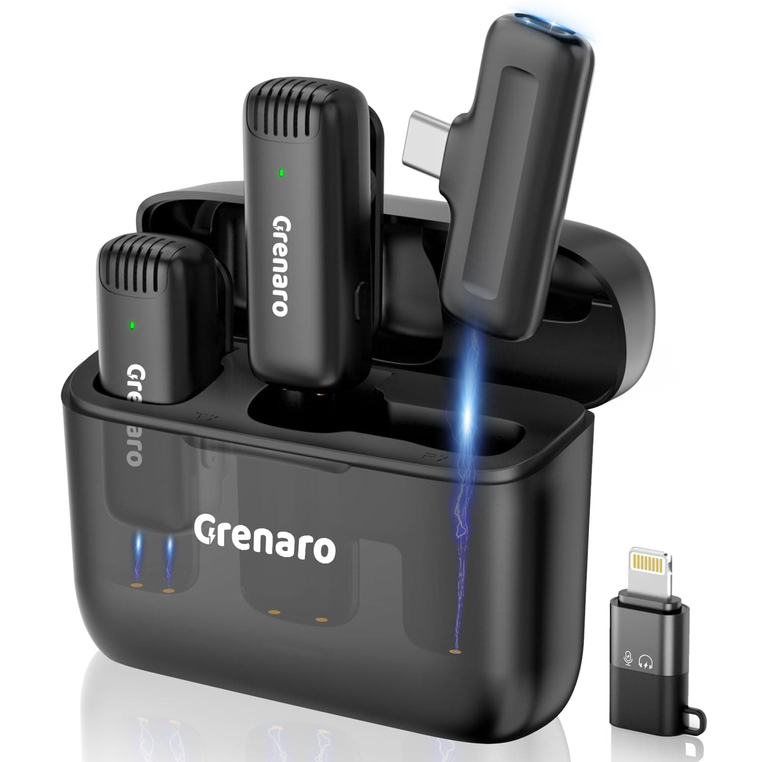 GRENARO J13 Wireless Mic for YouTube, 3-Level Adjustable MicNoise Reduction Lapel Mic with Charging Case, Wireless Mic for Video Recording, YouTube, Facebook, Video Production (Double (Universal))
