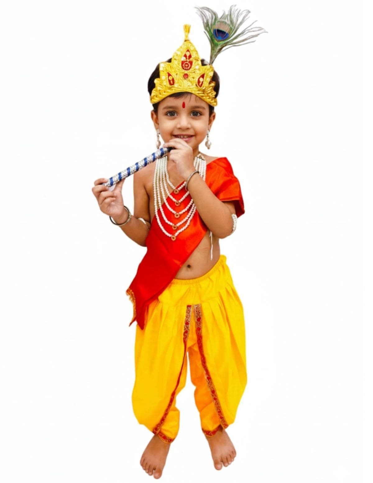 BookMyCostume Polyester Krishna Yellow Costume Dhoti & Red Patka with Light Pearl Jewellery and Mukut Set - Janmashtami Dress Costume for Baby Kanha Laddu Gopal - Boys & Girls 1-2 Years