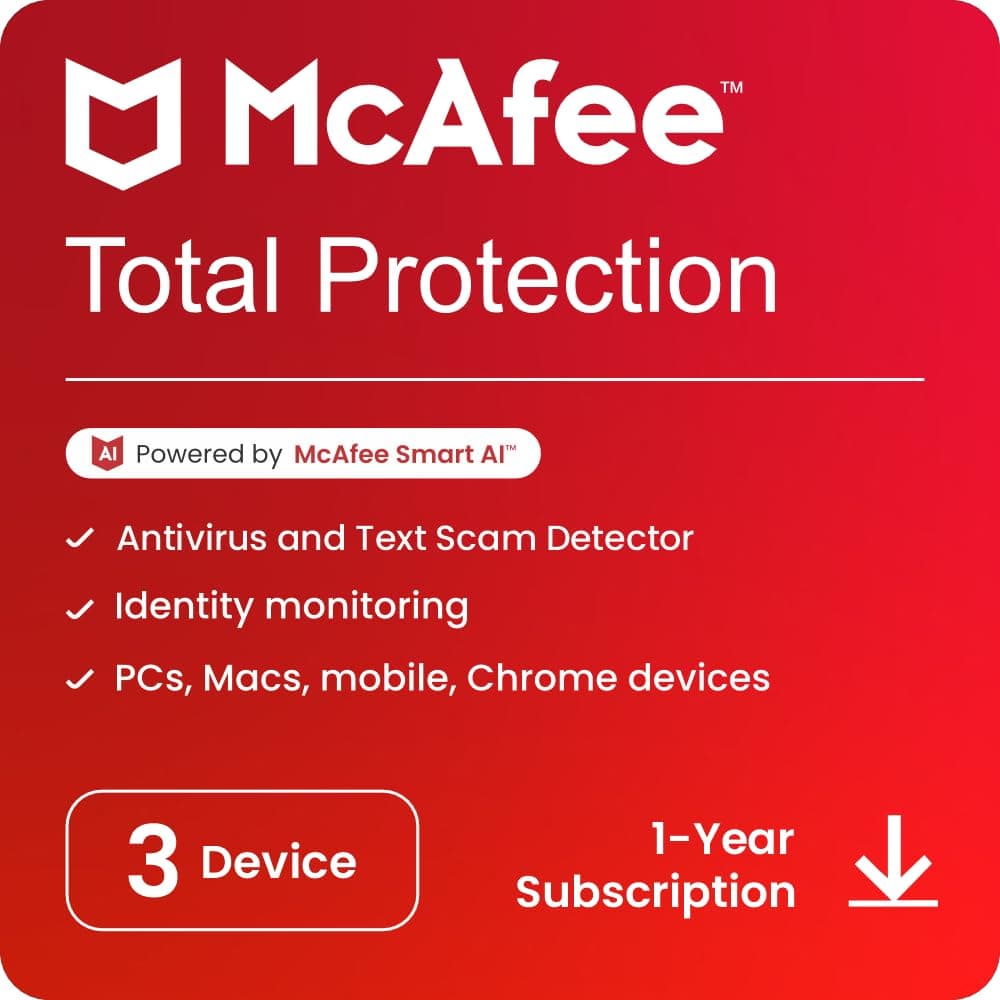 McAfee Total Protection 2025 | 3 Device, 1 Year | Antivirus Internet Security Software | Password Manager & Dark Web Monitoring Included | PC/Mac/Android/iOS | Email Delivery