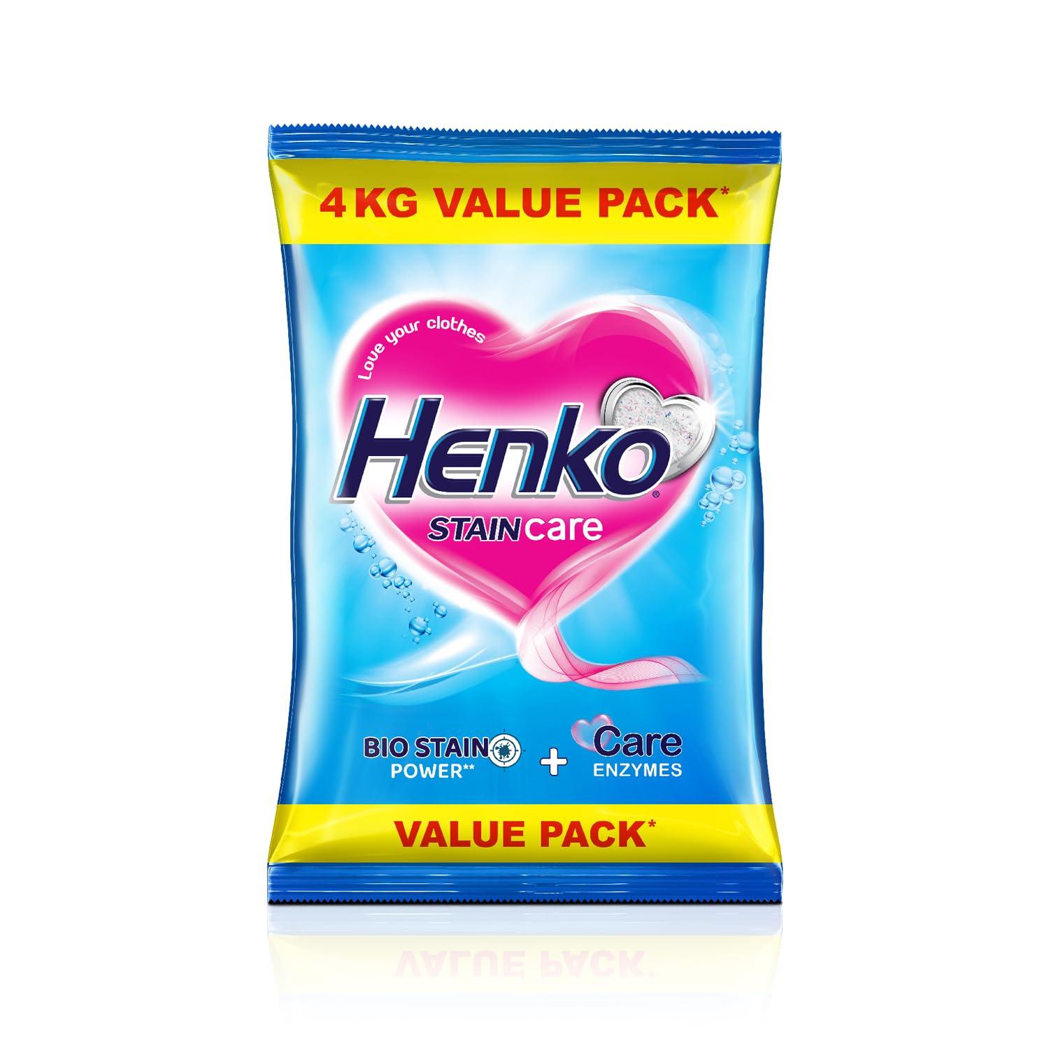 Henko Stain Care Laundry Detergent Powder 4 kg for Bucket Wash | Powered with Bio Stain | New Stain Care with Bio Stain Power for Toughest Stain Removal & Care Enzymes