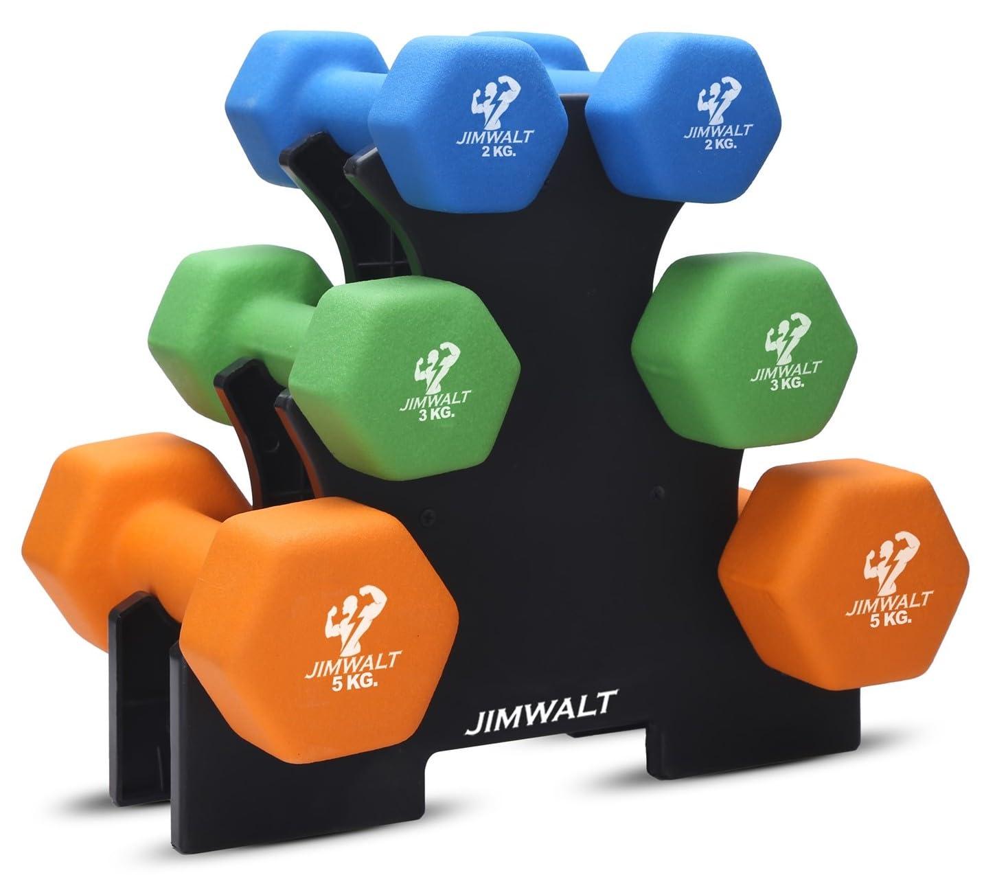 Jimwalt Jimwalt Premium Cast Iron Neoprene Coated Dumbbell Combo with Stand | Reach Compliant| From the House of Healthycliq | Sedex Certified| Strength Training Weight for Home Gym(20 Kg (2kg + 3kg + 5kg Set)