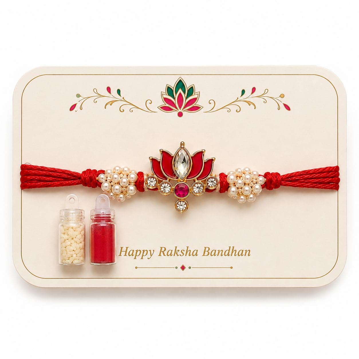Arrakasta Crafts Minimalist Premium Kundan Lotus Floral Rakhi For Brother Pack Of 1/2/3/4/5 | Designer Traditional Handmade Pearl Raksha Bandhan Moli Thread Bracelet Combo For Bhai, Bhaiya, Sister, Sister In Law, Men, Kids, Teens & Boys