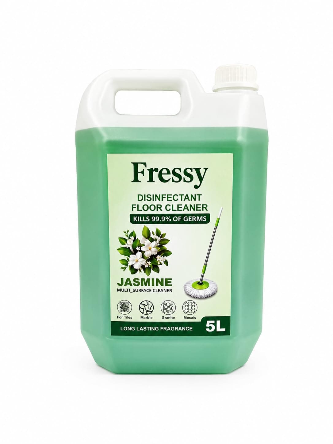 FRESSY Disinfectant Floor Cleaner Liquid 5L – Jasmine Bloom Multi-Surface Cleaner for Bathroom, Tiles, Marble, Granite & Mosaic | Kills 99.9% Germs | Long Lasting Fragrance