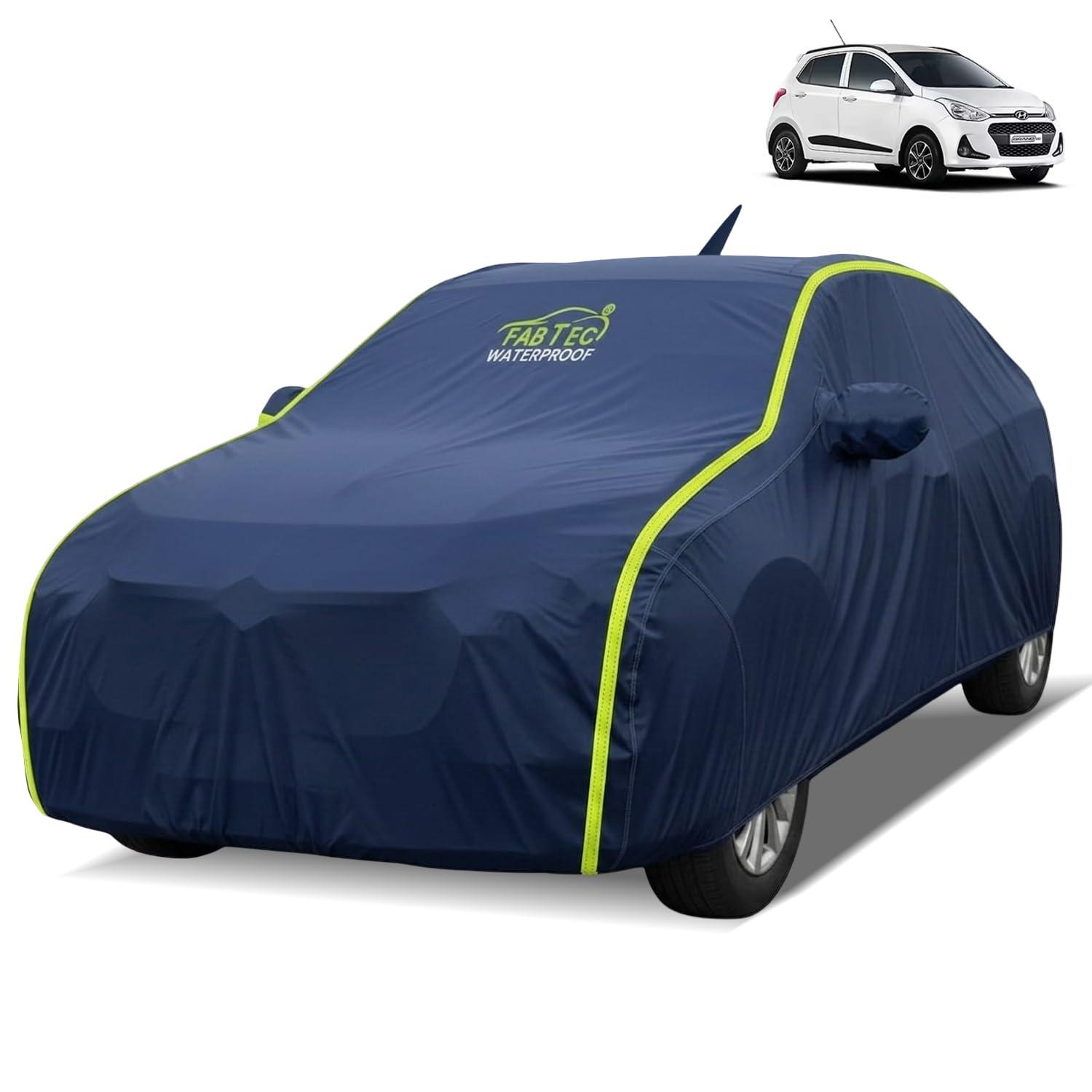 FABTEC Waterproof Car Body Cover for Hyundai Grand i10 Outdoor/Indoor All Weather Protection with Mirror & Antenna Pocket Triple Stitched (Premium Navy Blue with Neon Piping)