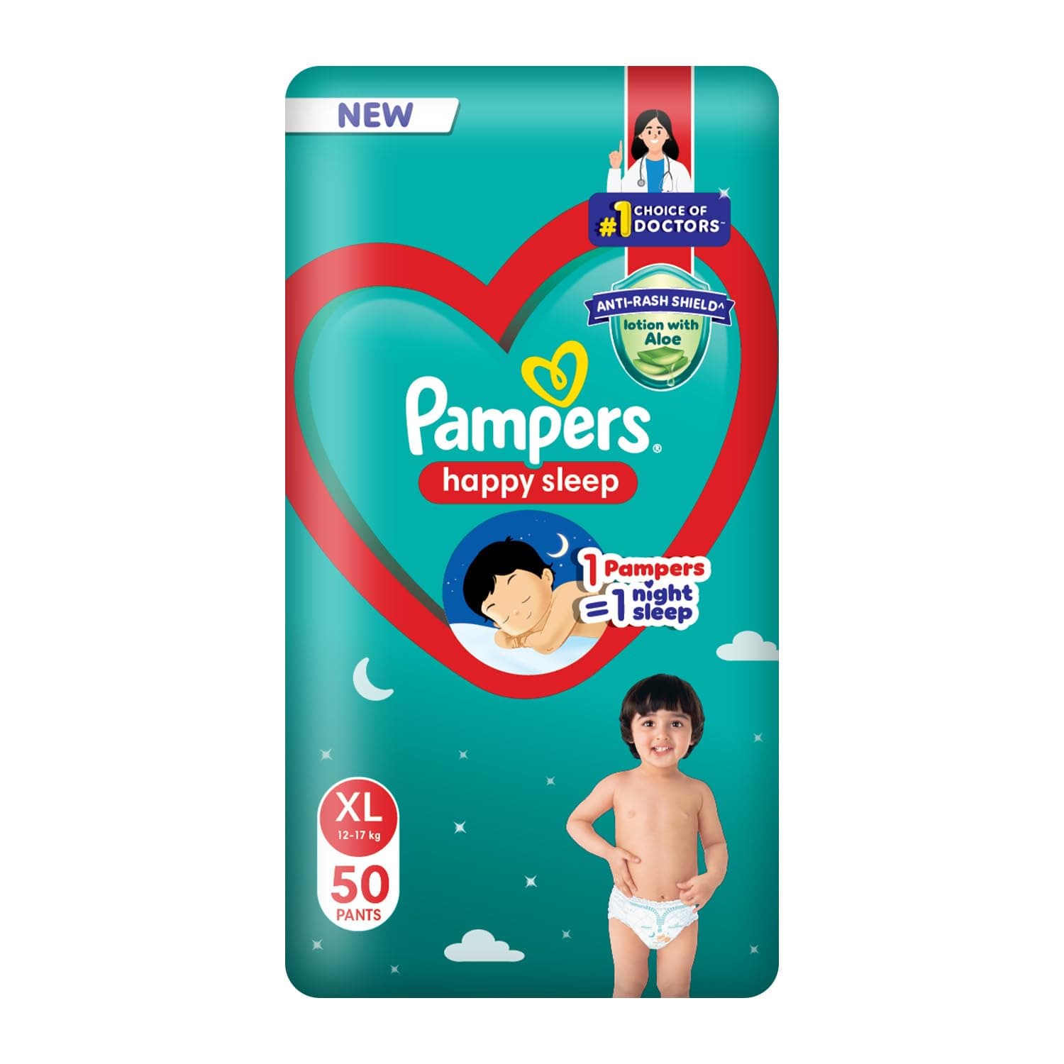 Pampers Happy Sleep Pant Style Baby Diapers, X-Large (XL), 50 Count, 1 Pampers = 1 Night Sleep, with Anti Rash Shield, 12-17 Kg Diapers