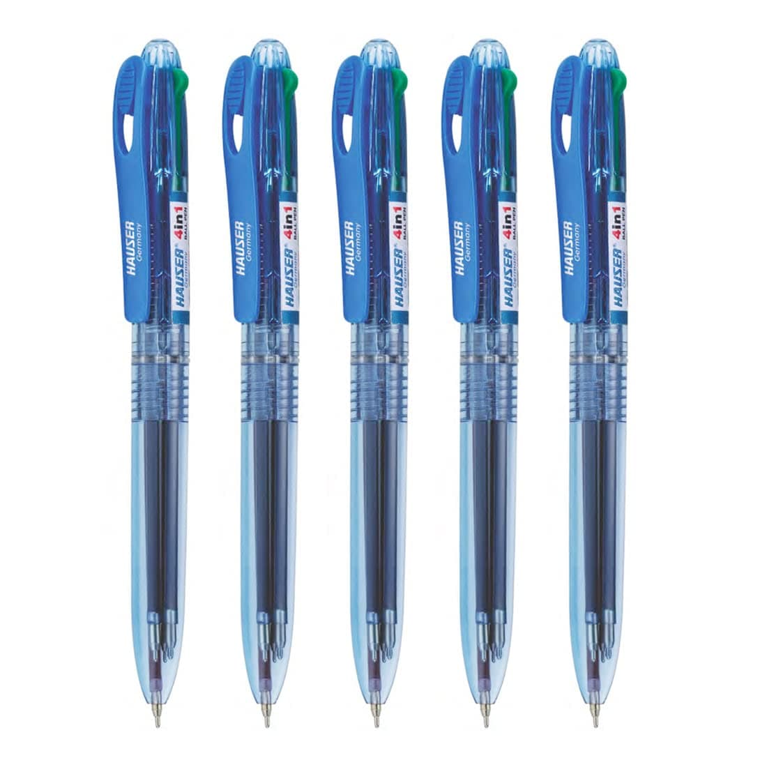 Hauser Germany 4 in 1 Retractable Ball Pen Box Pack | Durable Transparent Body | 4 Ink Colors In One Pen | Low Viscosity Ink System | Smooth & Effortless Writing | Pack Of 5