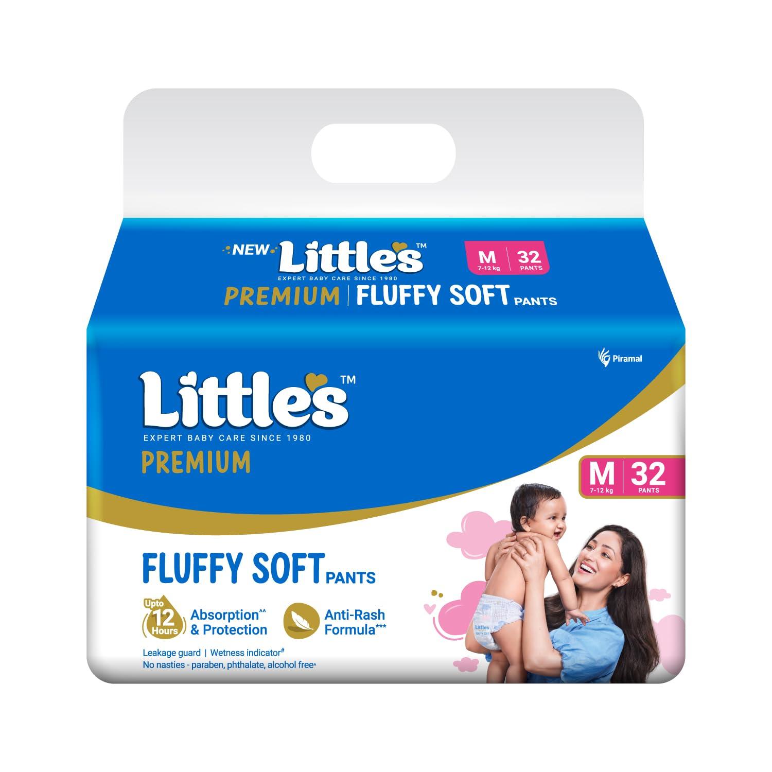 Little's Premium Baby Diapers M Size (Medium) Pants Style | 7-12 kg | 32 Count - Pack of 1 | FluffySoft Baby Diaper with Leakage Guard, Wetness Indicator & 12 Hours Absorption