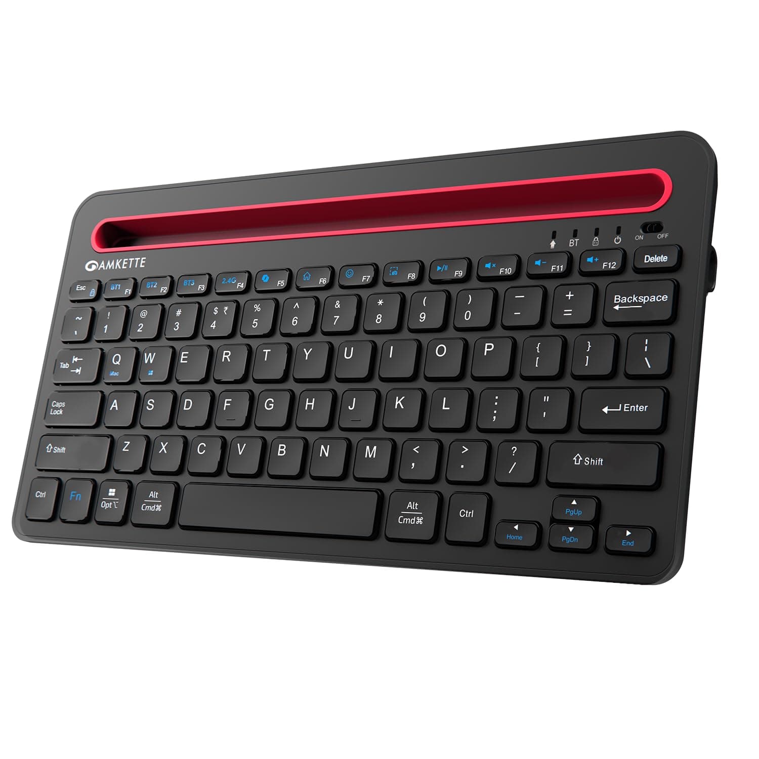 Amkette Optimus Pro Wireless Keyboard/Bluetooth Keyboard, Multi Device (4in1) Rechargeable, Premium Scissor Keys | One Click Device Switching & AI Access for MacOS & Windows | Tablet & Phone Holder
