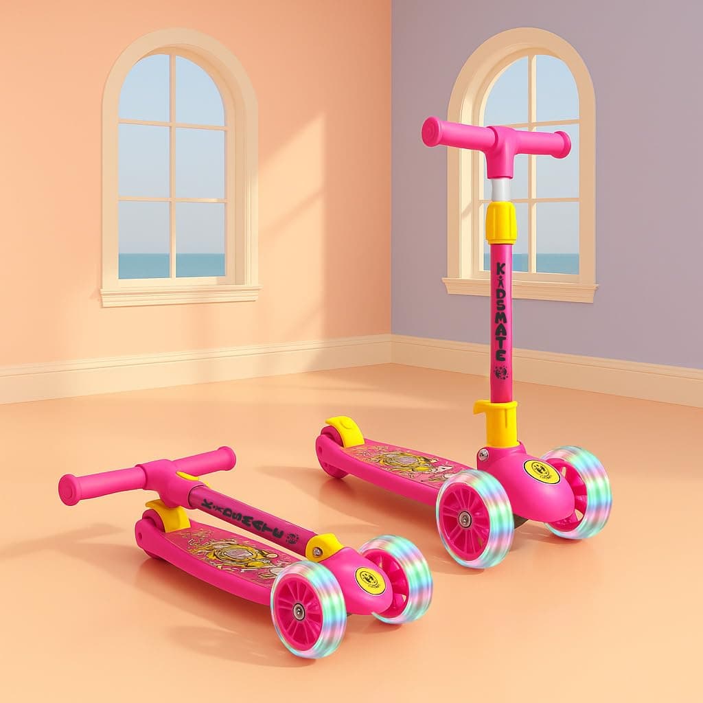 Kidsmate Speedy Kick Scooter for Kids (ISI Certified) with LED Wheel Lights, Height Adjustable Handlebar & Foldable Design & Rear Brakes for Kids of Age 3+ Years (Pink)