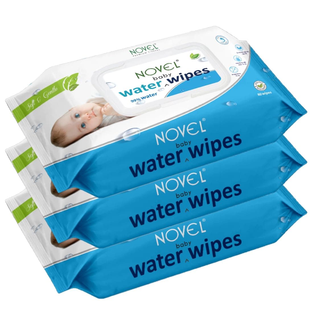 Novel 99% Pure Water Baby Wipes 80 Wipes x Pack of 3 (240 Wipes) | Vitamin E, Glycerine | pH Balanced, Alcohol, Hypoallergenic & Paraben-Free | Unscented for Newborns & Sensitive Skin | Extra Thick & Moist wet | Soft Gentle Baby Wipes with Lid