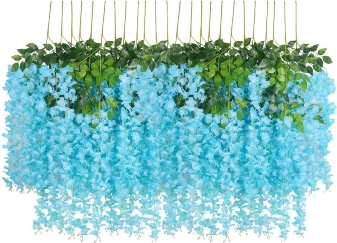 VRB Dec Pack of 12 (43.2Ft) Artificial Wisteria Vine| Ratta Fake Wisteria Hanging | Garland Silk Long Hanging Bush Flowers String for Home Party Wedding Decor (Sky Blue, 12)