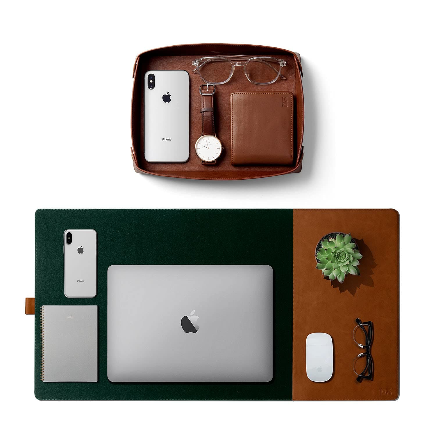 DailyObjects Combo Super Smooth Tan Large Premium Vegan Leather Reversible, Water Resistent Turf Desk Mat | Anti-Skid | Anti-Slip | 85 * 45 cm | Vegan Leather Green-Tan Desk Tray Organiser - Set of 2