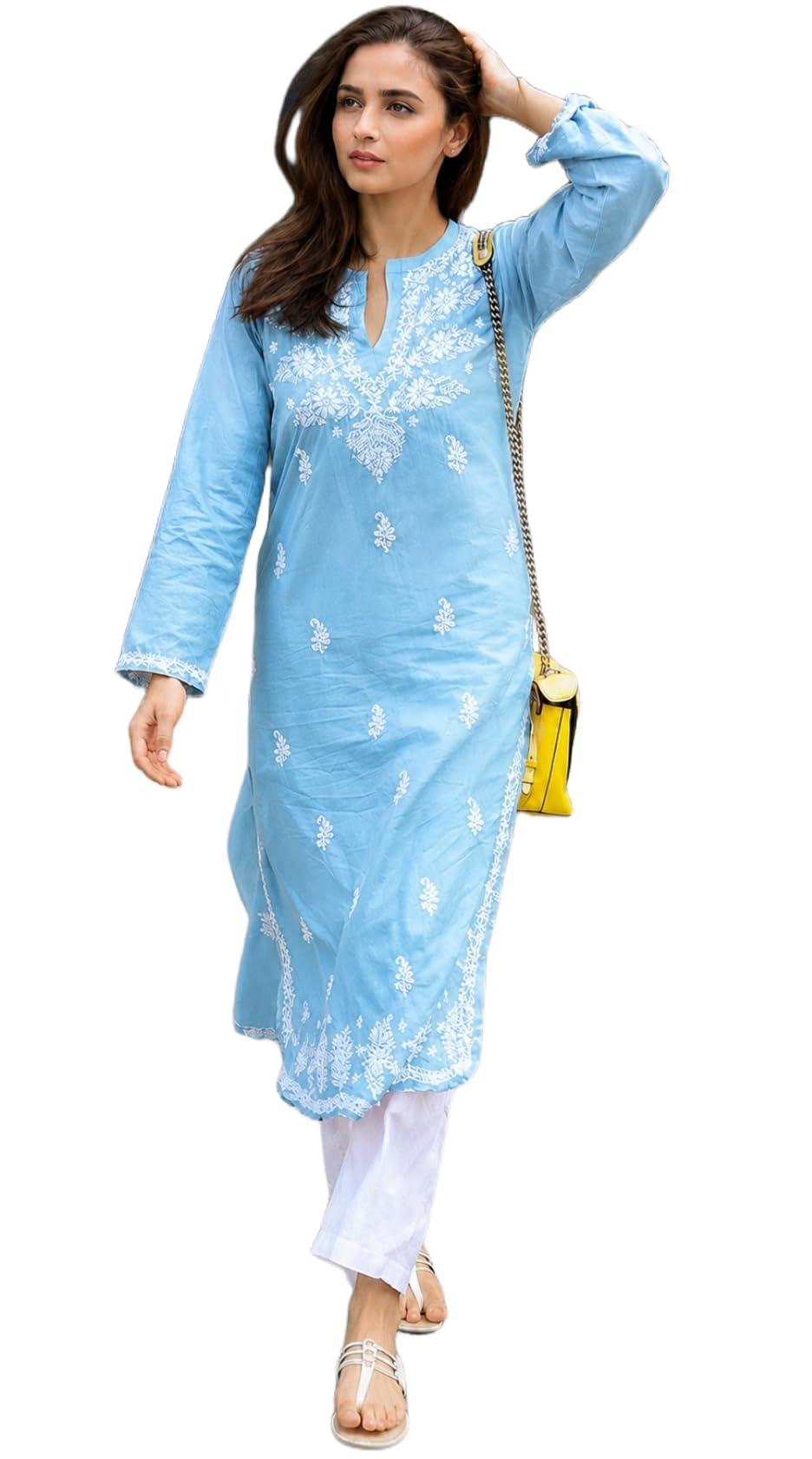 StyleScope Rayon Floral Embroidered Long Kurti | Long Chikankari Kurti for Girls | Women's Casual Kurat | Long Kurta for Women (Kurti Alia Sky Blue_L_Sky Blue_Large)